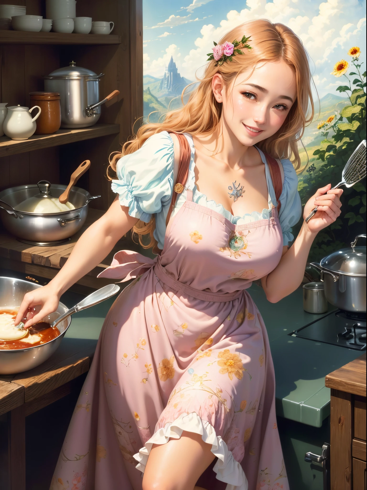 ((best quality)), ((masterpiece)), (detailed),women's cooking, 1girl, 25 years old, stunning, cute, heartwarming smile, hourglass figure, wearing floral dress, pinny apron, left hand she holds a spatula, right hand she held a ladle, (fantasy illustration:1.3), (Luis Royo:1.2), (Yoshitaka Amano:1.1), soft colors, (detailed cloudscape:1.3), (high-resolution:1.2)