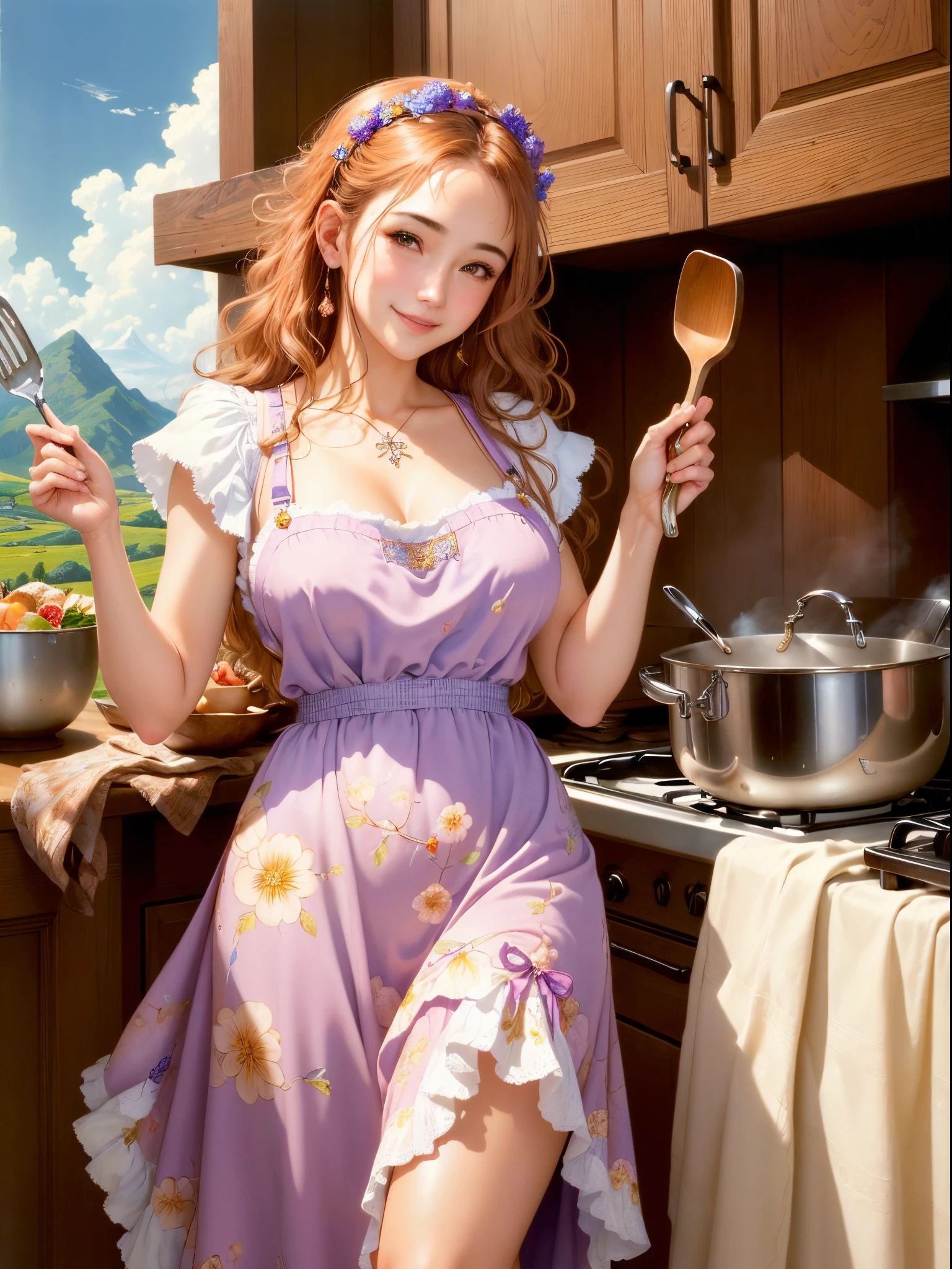 ((best quality)), ((masterpiece)), (detailed),women's cooking, 1girl, 25 years old, stunning, cute, heartwarming smile, hourglass figure, wearing floral dress, pinny apron, left hand she holds a spatula, right hand she held a ladle, (fantasy illustration:1.3), (Luis Royo:1.2), (Yoshitaka Amano:1.1), soft colors, (detailed cloudscape:1.3), (high-resolution:1.2)