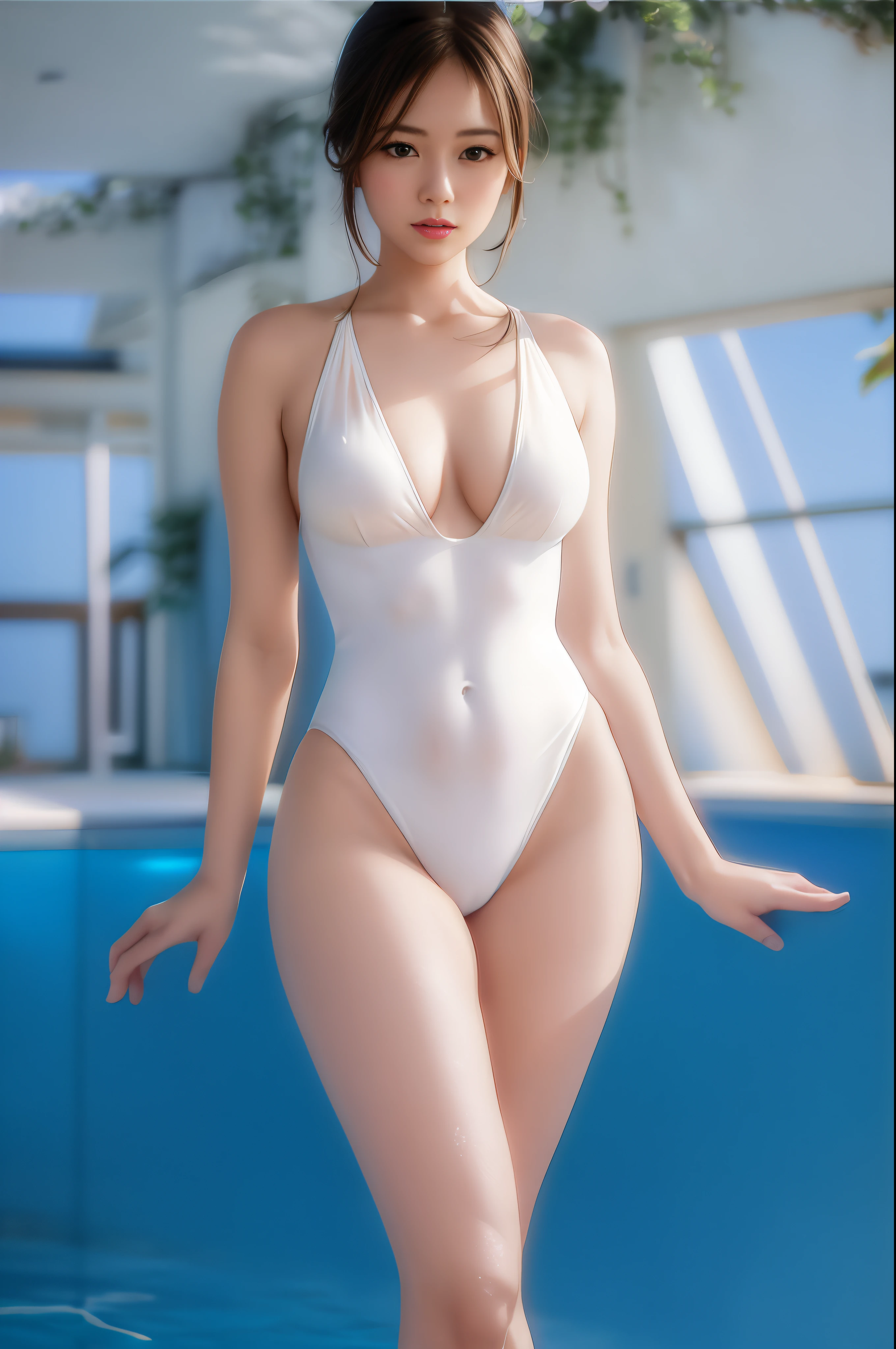 arafed woman in white swimsuit standing on edge of pool with hand on her hip, smooth translucent white skin, gorgeous model, is wearing a swimsuit, swimsuit, elegant sleek smooth body, wearing white swimsuit, cute girl wearing tank suit, swimsuit model, sexy body, sexy hot body, translucent body, smooth white tight clothes suit, full body shot, curvy body, cleavage, black hair,