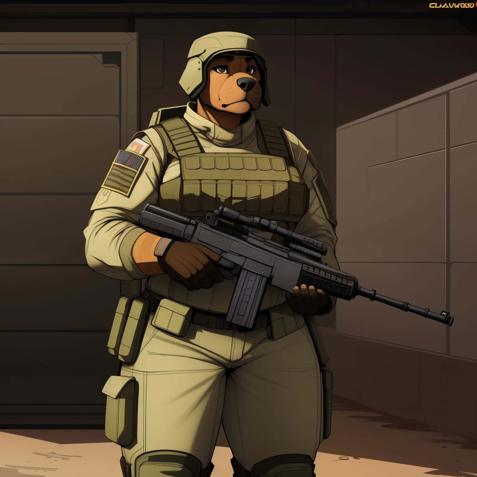 Chubby_muscular_mastiff female khaki_furry_body brown_eyes tactical_body_armor military_uniform solo Masterpiece best_quality absurdres highly_detailed cleanly_drawn_eyes anthro_only by_claweddrip, by_greasymojo, by_underscore-b, by_runawaystride