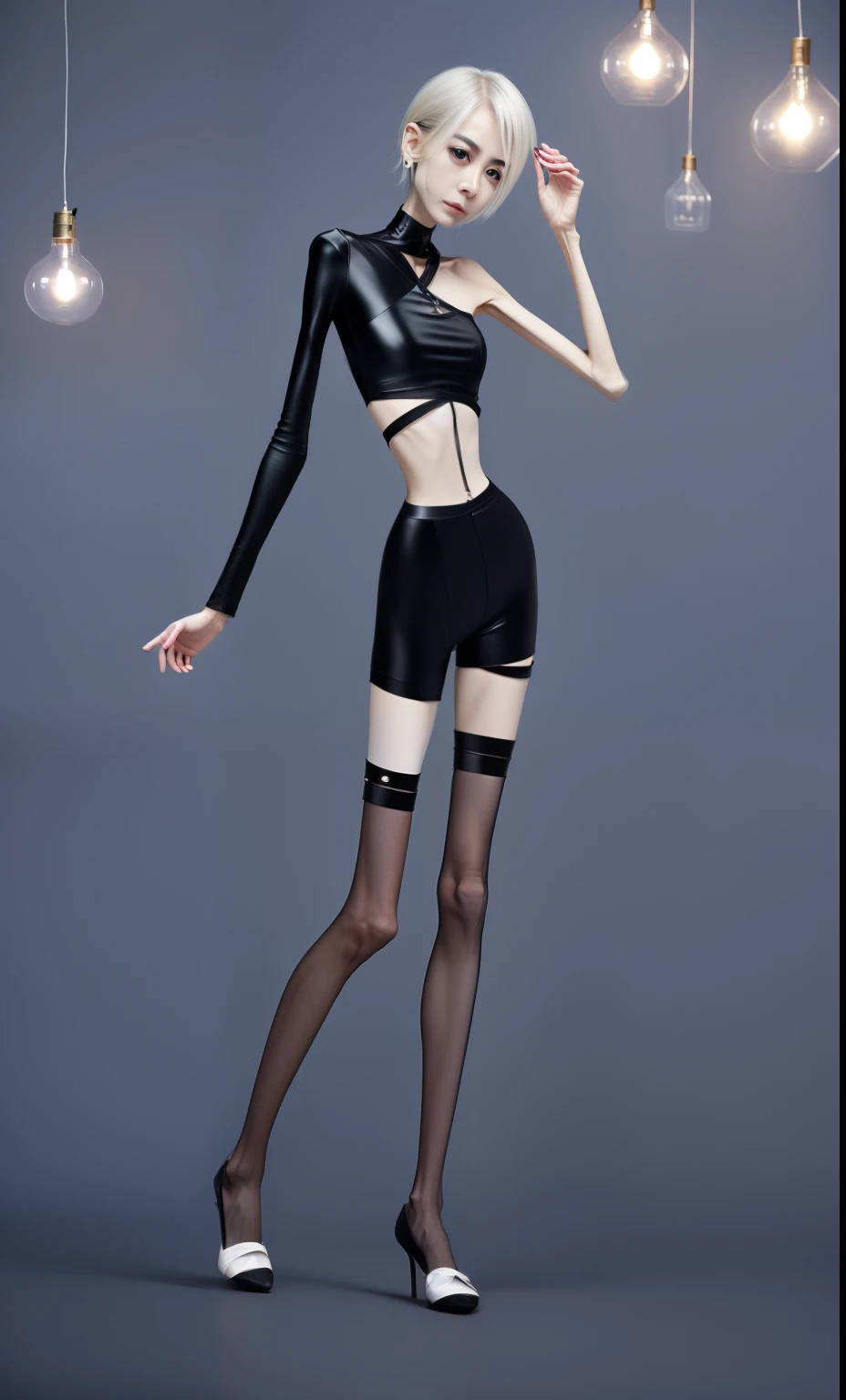 very thin woman,A thin body,Protruding sternum,The waist is very thin,The ribs are noticeable,Protruding ribs,The pelvic protrusion is very obvious,The pelvis is markedly elevated,Legs are just skin and bones,White skin of the,thin shoulde,The waist is very thin,Sunken abdomen,Delicate arms,arm muscle atrophy,hunger,The lower abdomen is depressed,Short hair details,Wear tight leather pants,Dressed in black silk,Asia face,The waist is particularly thin,angry look,weeping,Excessive weight loss,The face is sunken and thin,Severe malnutrition,hunger