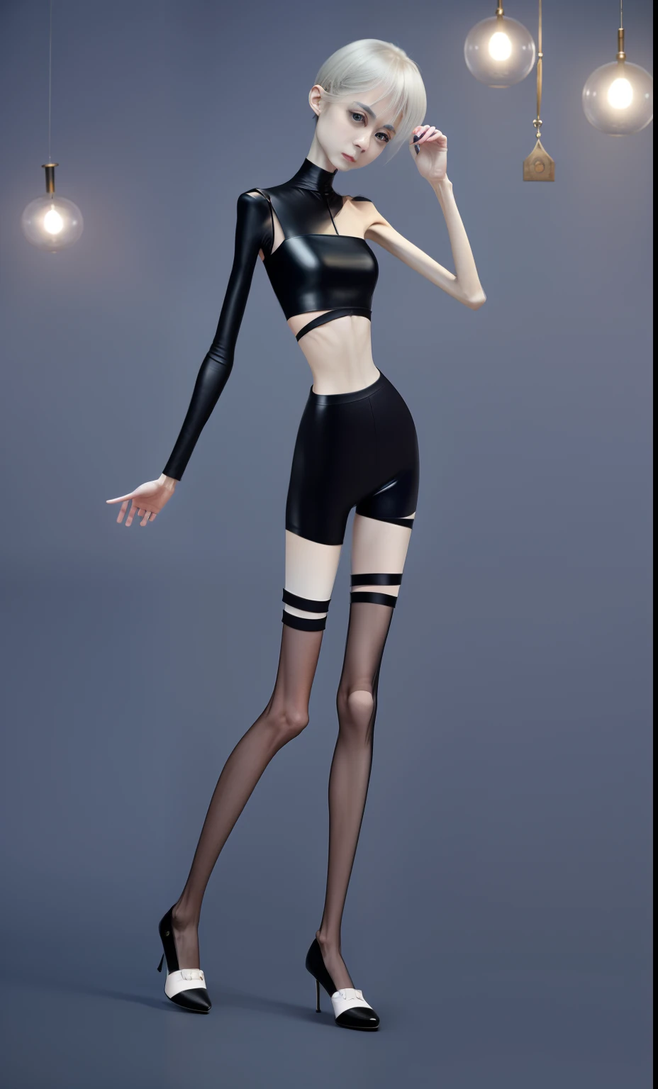 very thin woman,A thin body,Protruding sternum,The waist is very thin,The ribs are noticeable,Protruding ribs,The pelvic protrusion is very obvious,The pelvis is markedly elevated,Legs are just skin and bones,White skin of the,thin shoulde,The waist is very thin,Sunken abdomen,Delicate arms,arm muscle atrophy,hunger,The lower abdomen is depressed,Short hair details,Wear tight leather pants,Dressed in black silk,Asia face,The waist is particularly thin,angry look,weeping,Excessive weight loss,The face is sunken and thin,Severe malnutrition,hunger