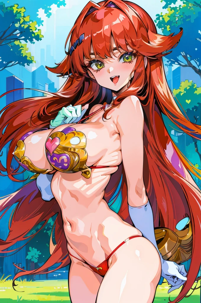 "(masterpiece:1.1), best quality, (NSFW:1.1), 
1girl, (80s anime style:1.3), (eyelashes:1.5), (:1.2), 
(intricate high detailed body:1.2), 
red hair, (bangs:1.1), (long hair, straight hair:1.1), (hair ornament:1.2), 
green eyes, 
(slim body:1.1), (gigantic brea), 
(angry, smile:1.2), (open mouth, tongue out:1.2), 
(thong panties, na), (hearties, pubic hair:1.4), 
(jewelry:1.1), long gloves, 
standing, leaning forward, 
(upper body, cowboy shot, looking at viewer, from front:1.1),
(daytime, grassland, outdoors:1.2)"
