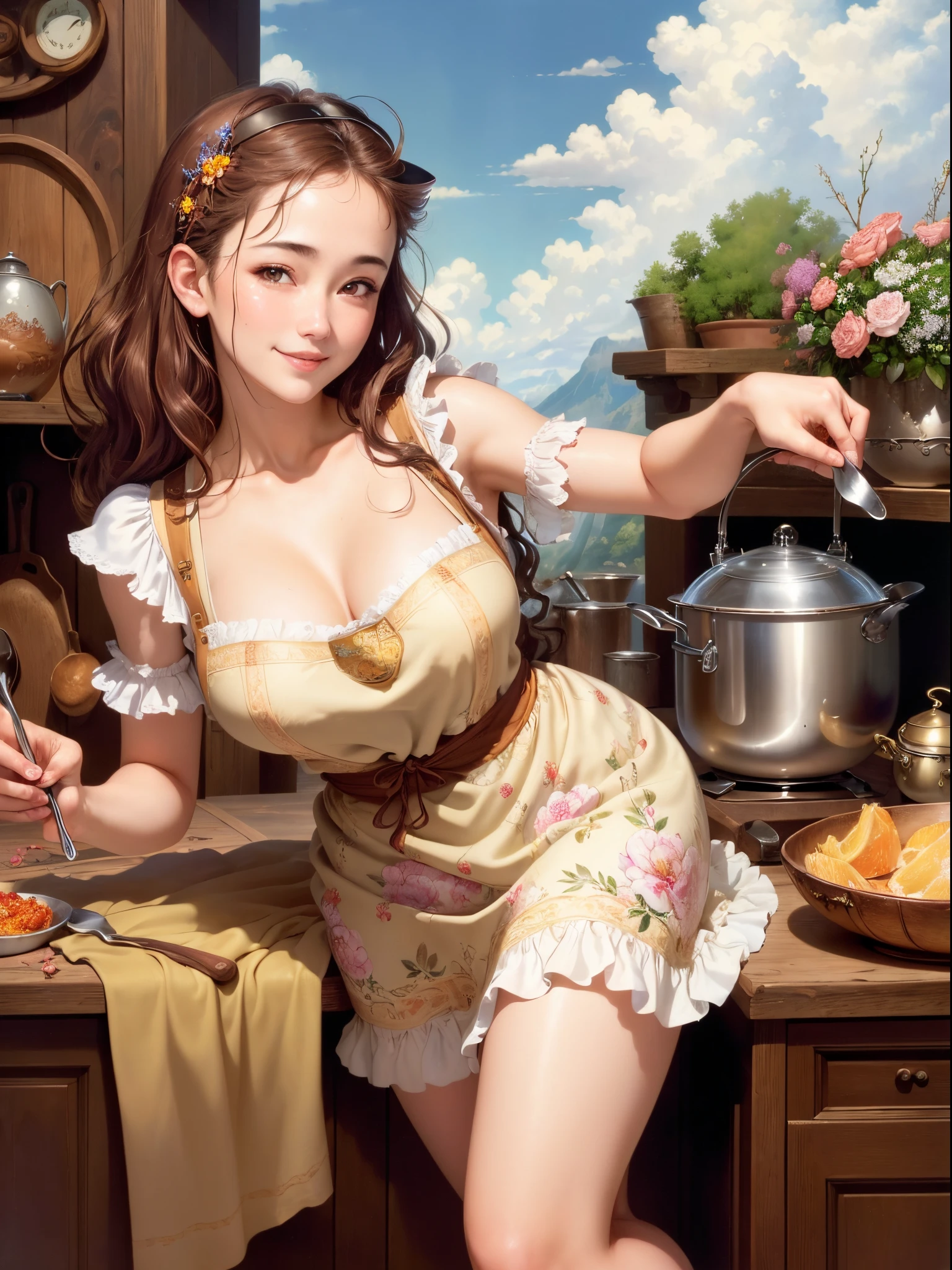 ((best quality)), ((masterpiece)), (detailed),women's cooking, 1girl, 25 years old, stunning, cute, heartwarming smile, hourglass figure, wearing floral dress, pinny apron, left hand she holds a spatula, right hand she held a ladle,  (fantasy illustration:1.3), (Luis Royo:1.2), (Yoshitaka Amano:1.1),  soft colors, (detailed cloudscape:1.3), (high-resolution:1.2)