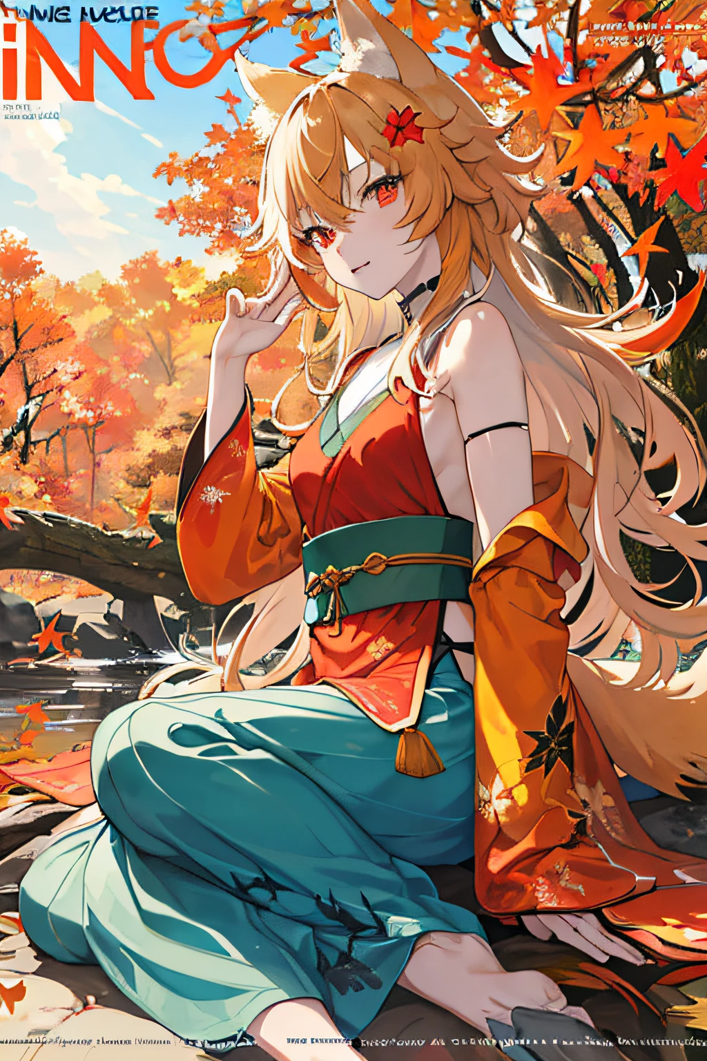 englai Fairyland,Chinese mythology,Colorful auspicious clouds,
autumn, autumn_leaves, falling_leaves, holding_leaf, leaf, leaf_background, leaf_hair_ornament, maple_leaf, aki_shizuha, leaf_print, starfish, anger_vein, ginkgo_leaf, leaf_on_head, spoken_anger_vein, tree, waterfall, sweet_potato, dragonfly, acorn, solo, braid, blurry_foreground, 1girl, day, painting, depth_of_field, blurry, long_hair, branch, hair_ornament, leaves_in_wind, forest, outdoors, nature, campfire, shirt, looking_at_viewer, onsen, koi, sitting, masterpiece, best quality, (best quality), ((masterpiece)), (highres), original, extremely detailed 8K wallpaper, (an extremely delicate and beautiful),((detailed face)),beautiful detail eyes,hair fluttering in the wind,messy hair,lens flare,
1girl,full body,(golden eye),(red eye),(wolf ear),(yellow hair),(wolf tail),(wolf ears),(a cute young girl:1.1),(wolf ear),beautiful detailed eyes,orange hair, very long hair,small breasts,(looking at viewer),
(magazine:1.3), (cover-style:1.3), fashionable, woman, vibrant, outfit, posing, front, colorful, dynamic, background, elements, confident, expression, holding, statement, accessory, majestic, coiled, around, touch, scene, text, cover, bold, attention-grabbing, title, stylish, font, catchy, headline, larger, striking, modern, trendy, focus, fashion,