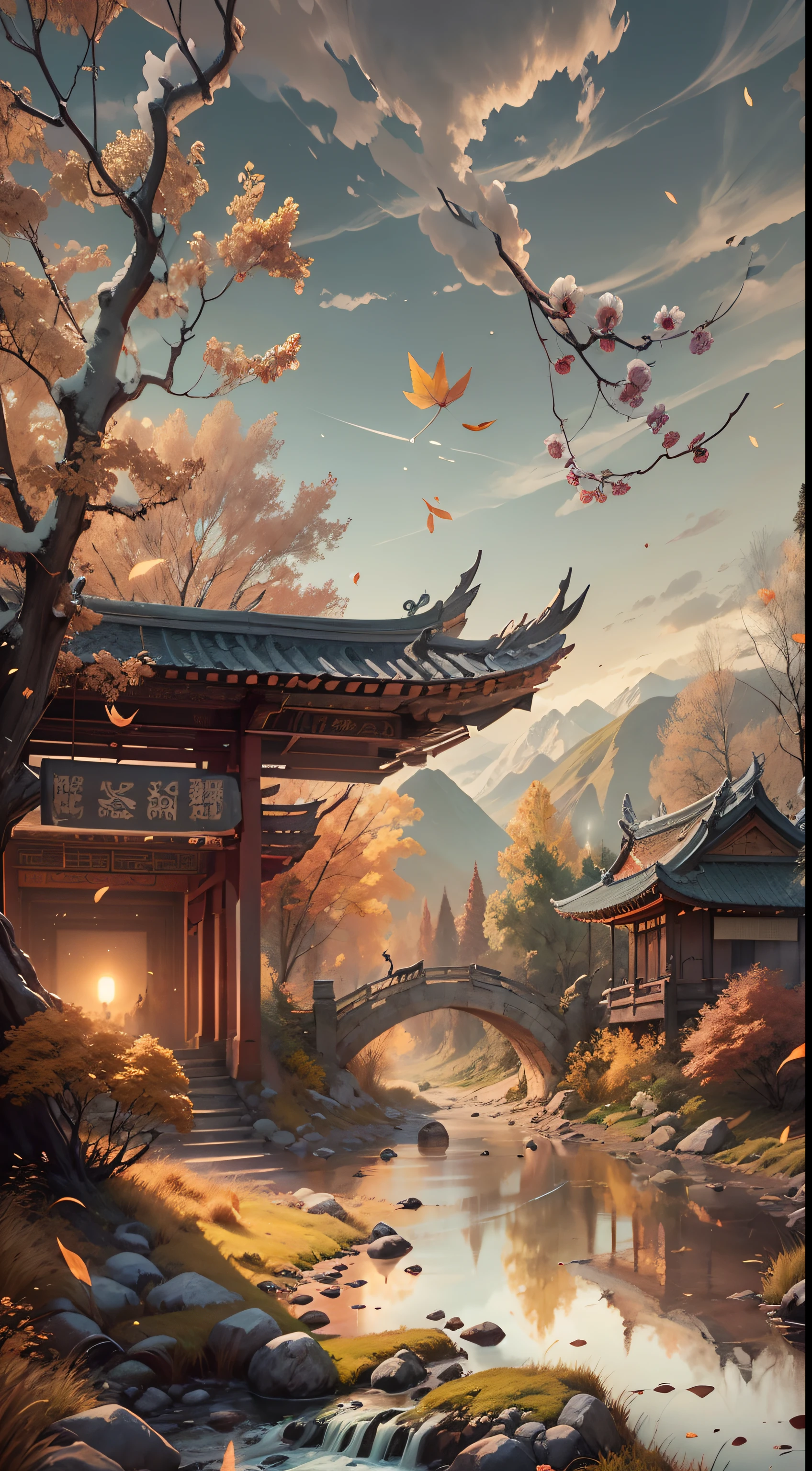 (Small bridges and flowing water,Ancient road west wind thin horse,Sunset,Broken intestines are at the end of the world)(Ancient trails lead into the distance),(A small arch bridge spans a small river,The river meanders into the distance),(The sky is windy,Fluttering yellow leaves),(A skinny white horse is pacing),(The vista is an oblique view of the sunset),(The afterglow of the setting sun shines through the clouds),(Autumn tones),(Ancient Chinese feng shui landscape painting style),(Masterpiece),(A complete painting),(Extremely detailed picture),(light and shadow effect),(Movie lighting),(cinema4d),(Light particle tracing),(rendering by octane),(Unreal 5),(Layered artistic effects),(Best Painting),(Master painting),(8K分辨率),photorealestic,realisticlying