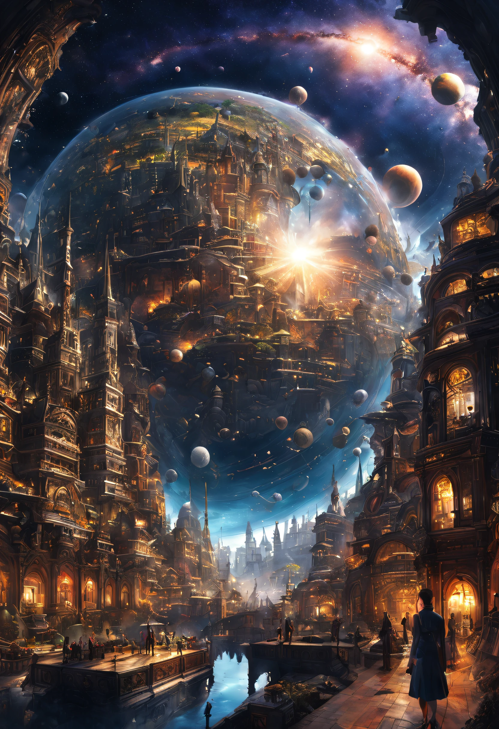 A giantic city in geospacial sphere. Lot of detailled and dreaming colored. The Galaxy is visible beautiful and detailed