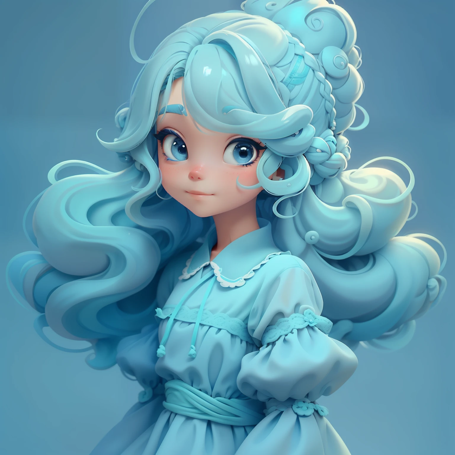 lama, (lama), Slime hair Penteado duplo buns estilo de cabelo, azul blueberry, Vestido branco da princesa com cinto da arma, master part, best quality
