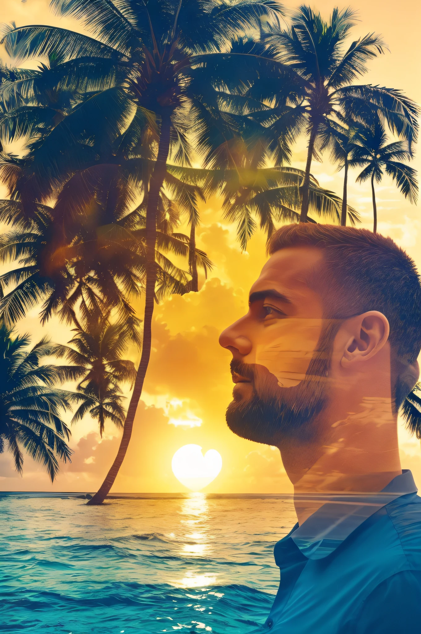 double exposure work, Fusion of stress society and healing space, A businessman working at a desk has a grim expression, he is busy with work, His heart is a tropical resort, paradise, Relaxing, Mare, With depth. coastline, Sunset,