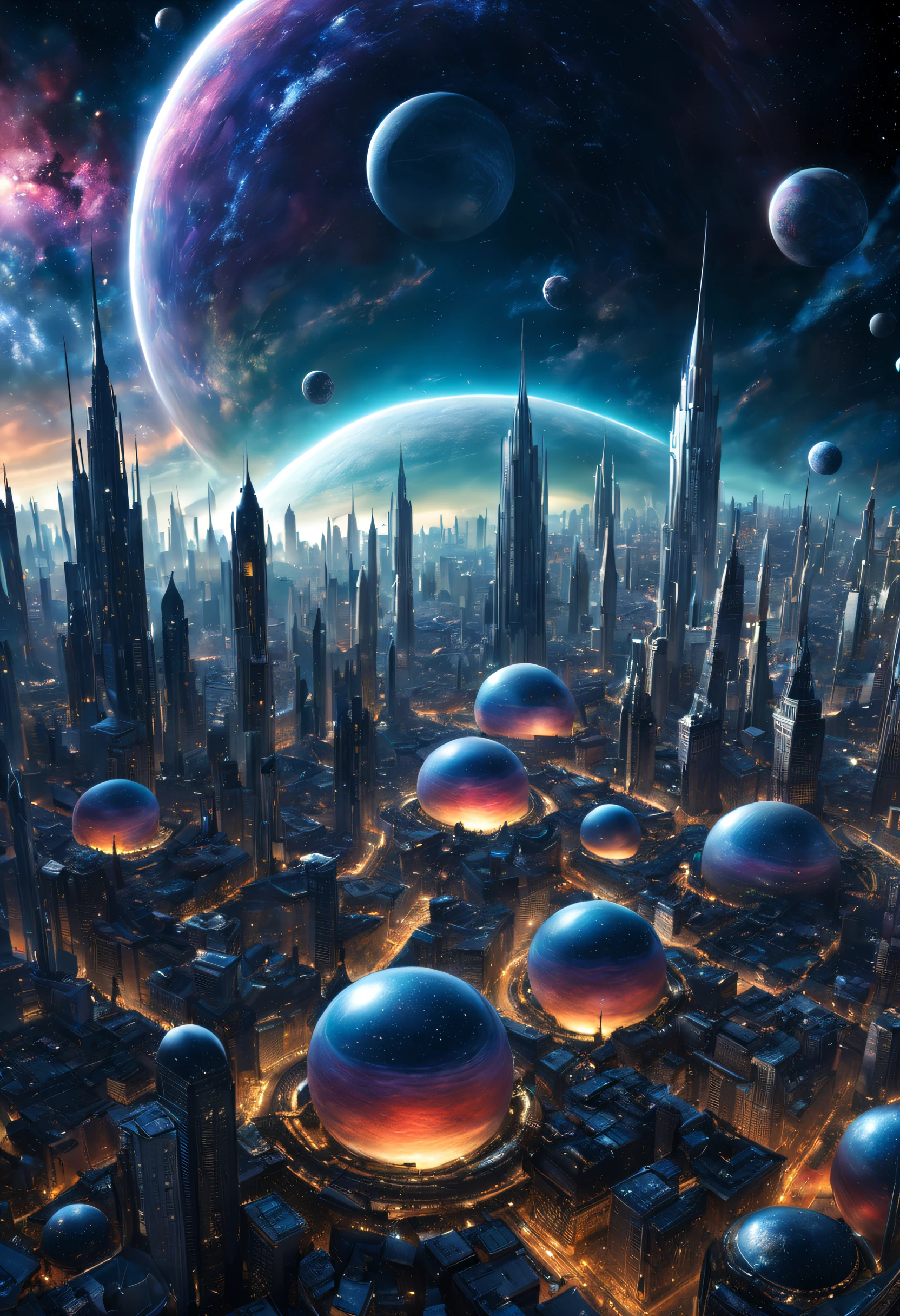 A giantic city in geospacial sphere. Lot of detailled and dreaming colored. The Galaxy is visible beautiful and detailed