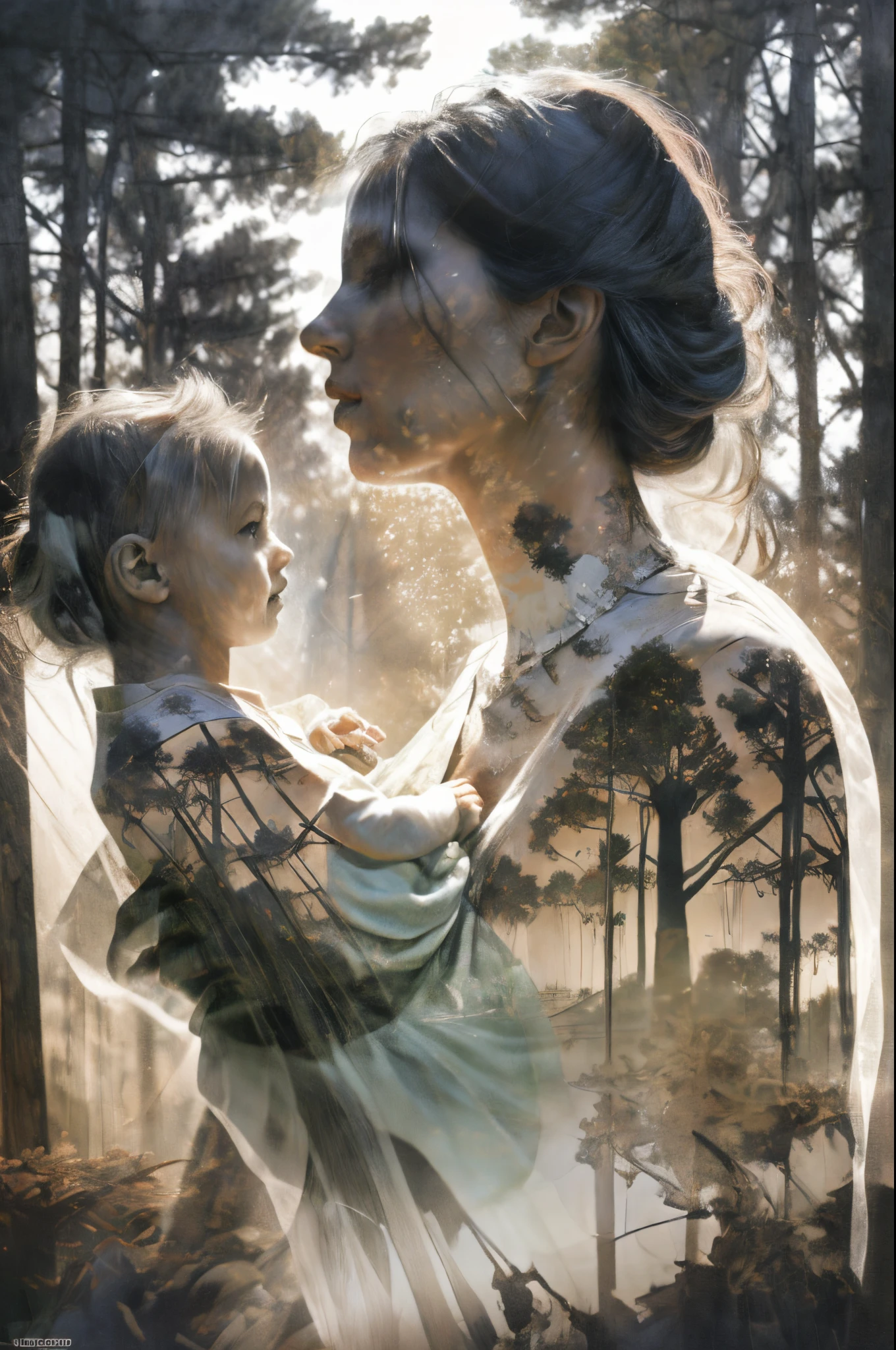 Photorealistic, raw photo, film photo, high resolution, highest quality, 8k wallpaper, official art, award-winning work, (double exposure work: 1.4), fusion of a mother holding a baby and a soldier with a rifle, A mother wearing a white dress and a baby wrapped in cloth are translucent, soldiers heading for washing, reincarnation, fascinating multiple exposures, life and death, works completed as art,