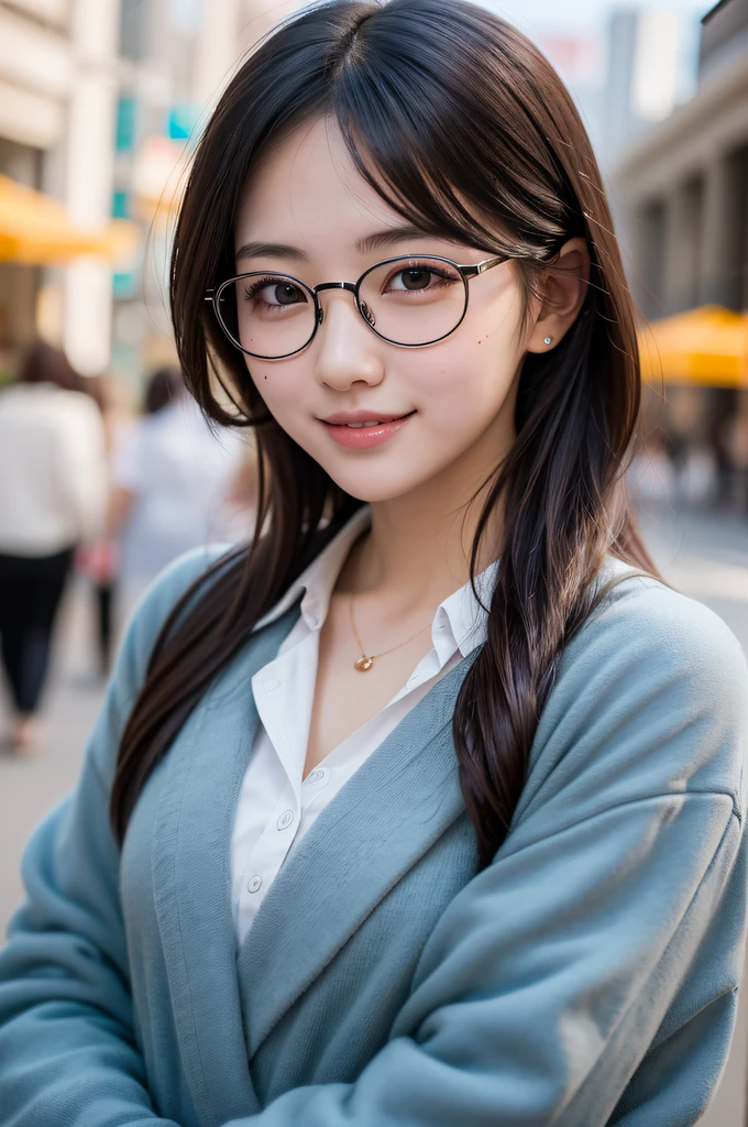 ((japanaese girl)), 8K, Raw photo, Best Quality, ultra-detailliert, Ultra High Resolution, Realistic, photographrealistic, high-definition RAW color photography, professional photograpy, Extremely detailed, 8K Wallpaper, amazing, finely detail, Huge file size, extra detailed face, extremely detailed eye, highlydetailed skin, extremely detailed fingers, highly detailed nose, highly detail mouth, Perfect Anatomy, Highly detailed background, Realistic body, Good figure, blown hair, Cute face, Photography, (Happy smile), Perfect Skin, Perfect Anatomy, (Round glasses), (Mole), swept bangs, Autumn, ((down town)), long coat,