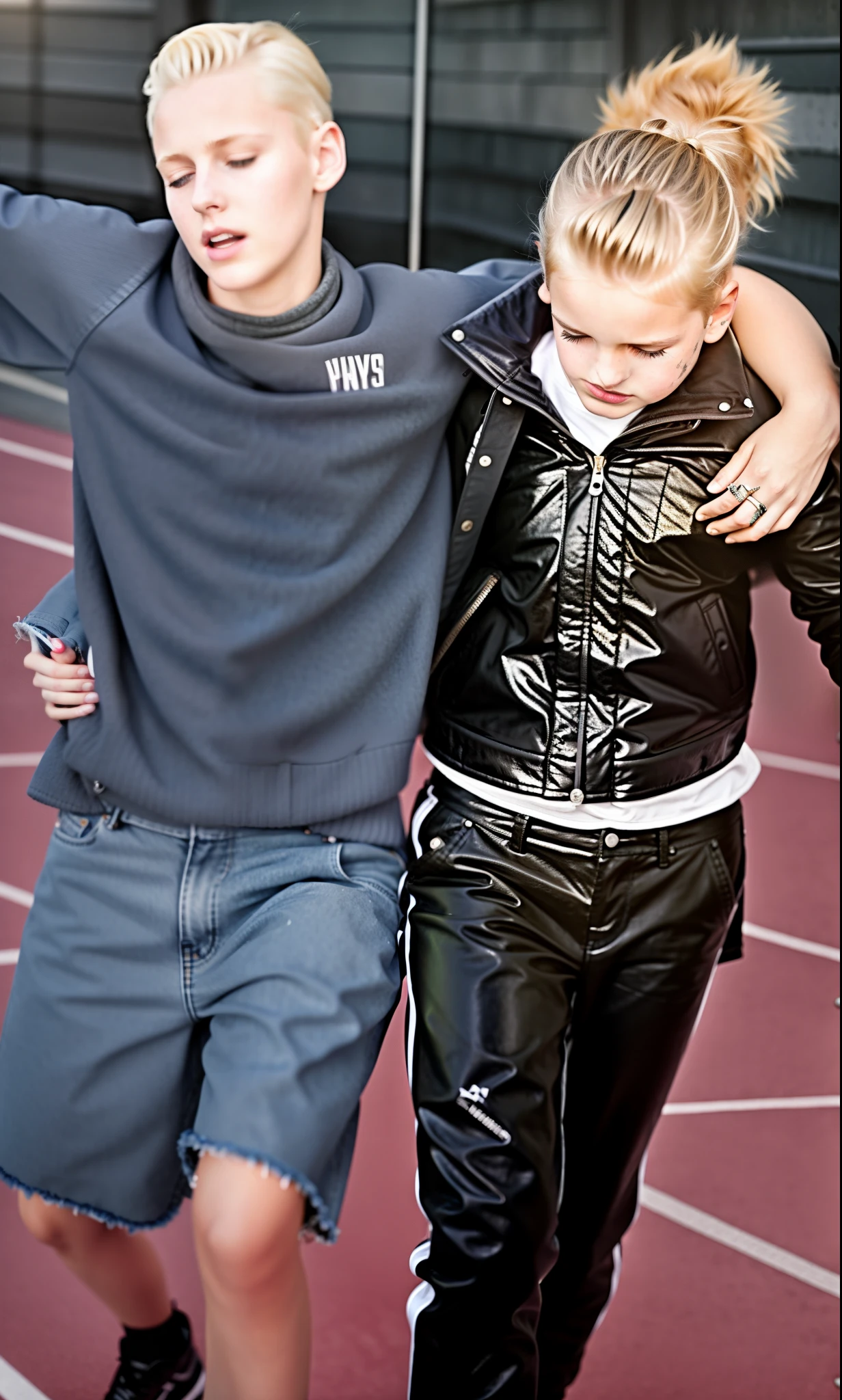 a sportsman in short and rough sportswear is collapsing into the girls' arms, the girls are holding the fainting sportsman in their arms, a shorthaired sportsman in matte sportswear is collapsing with pain, he is fainting, two girls are holding him up, he is hanging in the girls' arms, girl in a laquered puffy coat, girl in a laquered downcoat, they are standing very close together, his arms are dangling, arm-in-arm, she is wearing shiny leather pants, she is grabbing his body, a shorthaired man in a matte tanktop and rough jeans, a shorthaired blond man in rough jeans, a girl in shiny leather pants, a shorthaired blond man in a matte tanktop, a girl with a very desperate facial expression, a girl in a high shine black down-coat, they are standing arm-in-arm, there is an attractive woman wearing a high-shine down-coat, a wetlook puffer-coat, a man is crying with sorrow, a woman is holding an injured shorthaired boy, there is a boy in rough jeans and a matte tanktop hugging a girl that is wearing a very shiny padded laquered coat, a shorthaired blond boy has a painful face and cannot walk, there is a girl giving support to an injured shorthaired boy, a wounded blond and shorthaired boy cannot walk and has to be supported by a girl, he is sinking into the girls' arms, a sad looking girl is carrying a wounded boy, masterpiece, jeans, boy in a matte cotton tanktop, super detailed background, detailed face, crying out, tears, desperation, pain, agony, accident pose, dramatic suffering pose, hands detailed hands, fingers:5