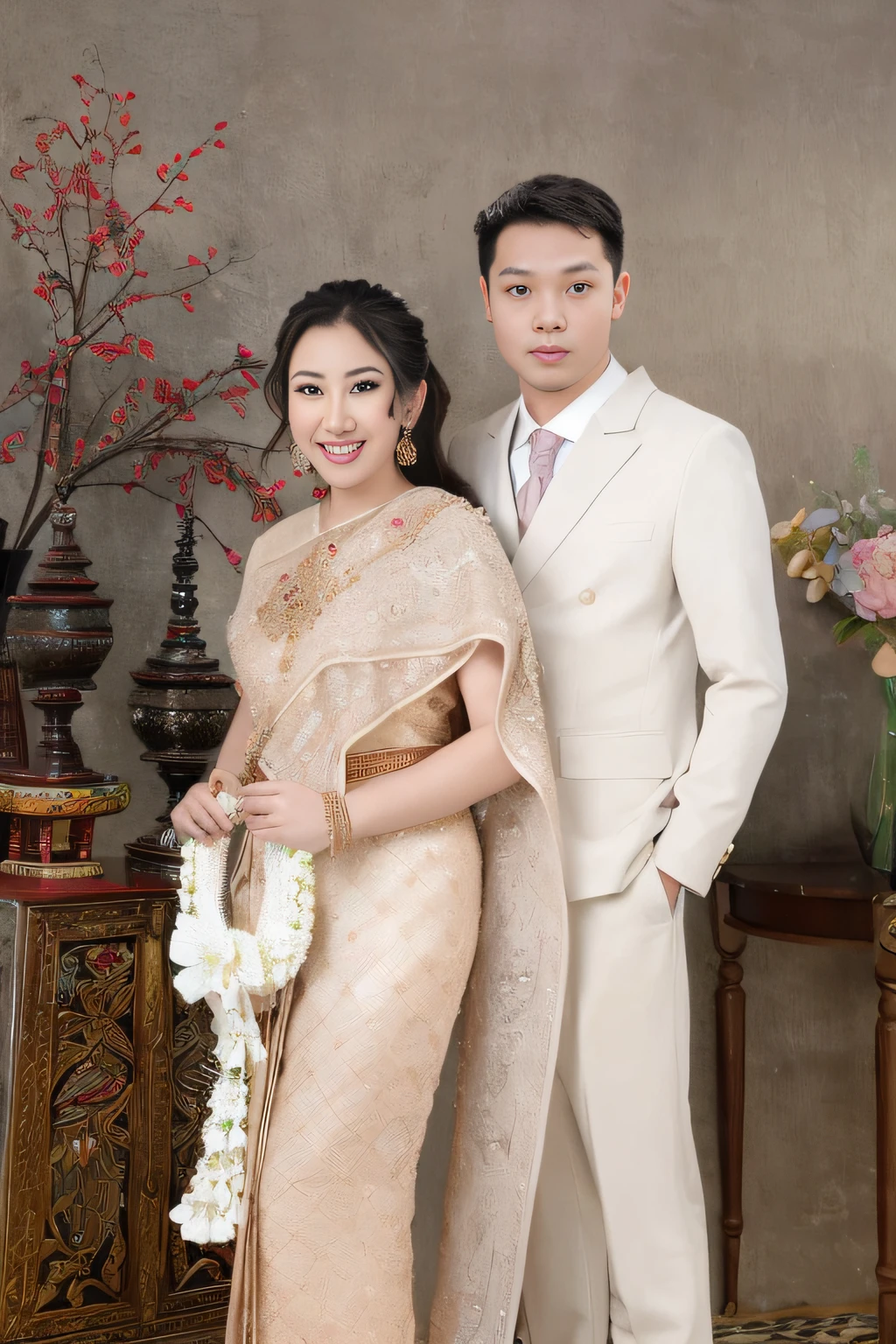there is a man and woman sitting on a chair in a room, sukhothai costume, in style of thawan duchanee, barong family, barong family member, royal elegant pose, couple, backdrop, traditional, traditional clothing, south east asian with long, inspired by Sasha Putrya, traditional clothes, traditional dress, lovely couple, full protrait
