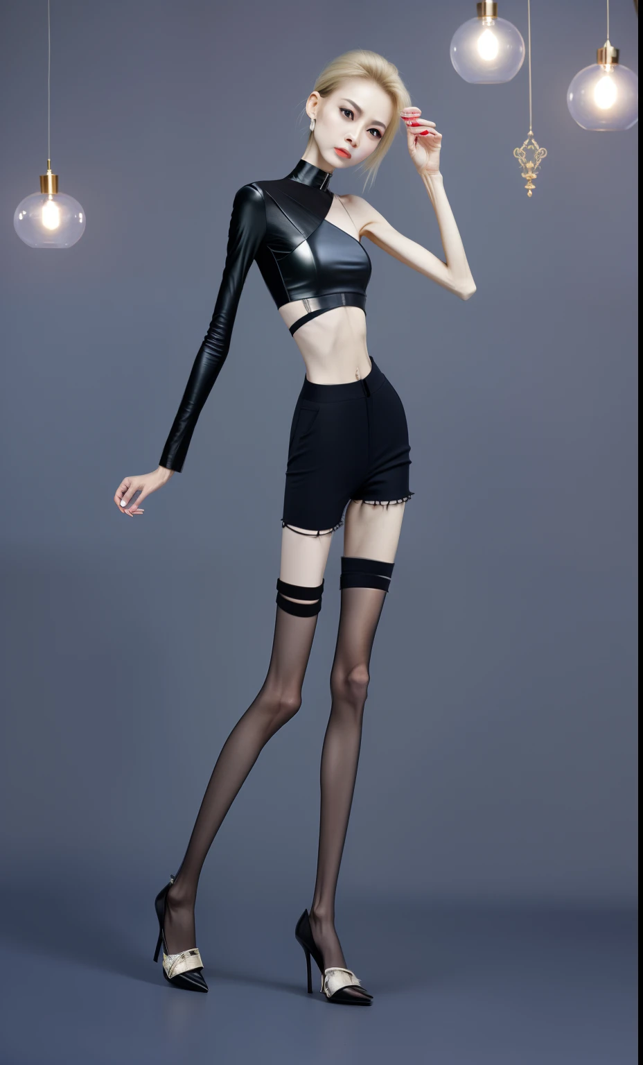 very thin woman,A thin body,Protruding sternum,The waist is very thin,The ribs are noticeable,Protruding ribs,The pelvic protrusion is very obvious,The pelvis is markedly elevated,Legs are just skin and bones,Fair skin,thin shoulde,The waist is very thin,Sunken abdomen,Delicate arms,arm muscle atrophy,hunger,sunken lower abdomen,Short hair details,Wear tight leather pants,Wearing black silk,Wear high heels,Asia face,The waist is particularly thin,angry look,weeping,Excessive weight loss,The face is sunken and thin,Severe malnutrition,hunger