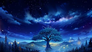 anime, sky filled with stars, bug tree, windrise from genshin impact, fireflies, dark clouds, universe in night sky, mona from genshin impact, mountains in the background, grassy area, anime universe sky, anime women silhouette, pretty night sky