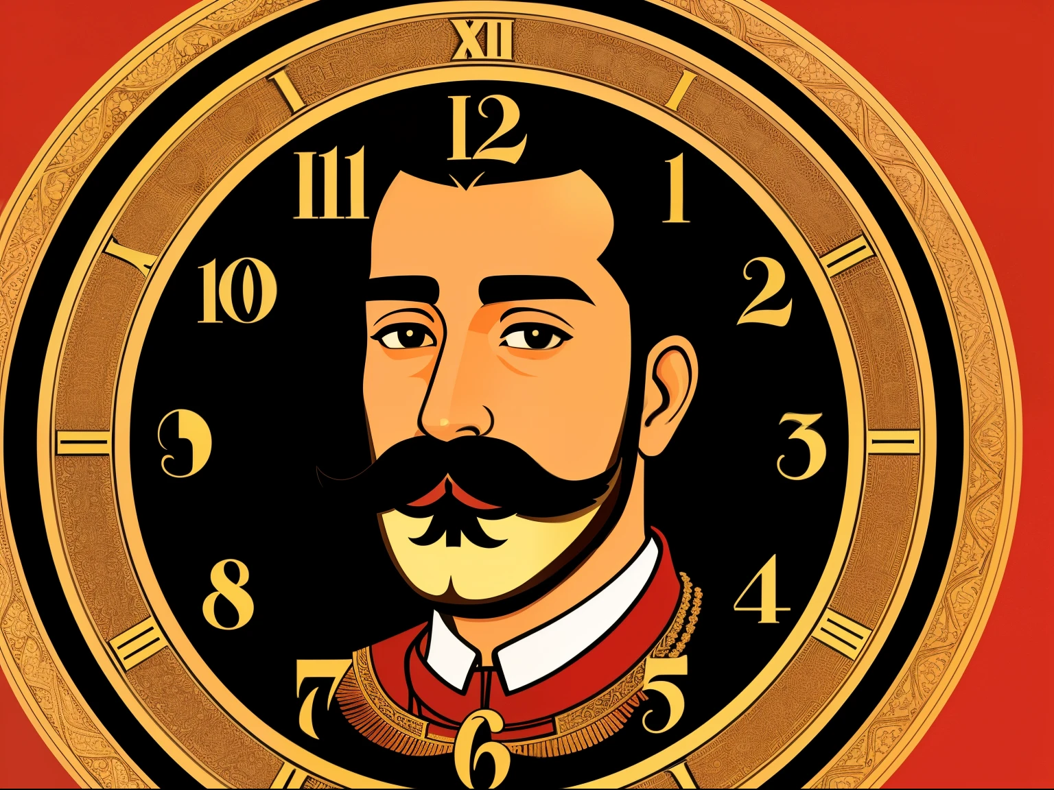 a man with a mustache stands in front of the clock, stylized digital illustration, Detailed face with mustache, stylized portrait, 2D Digital Vector Graphics, 2D Digital Vector Graphics, in style of digital illustration, cartoon art style, inspired by Osman Hamdi Bey, vector style drawing, inspired by Sudip Roy, Vector art style
