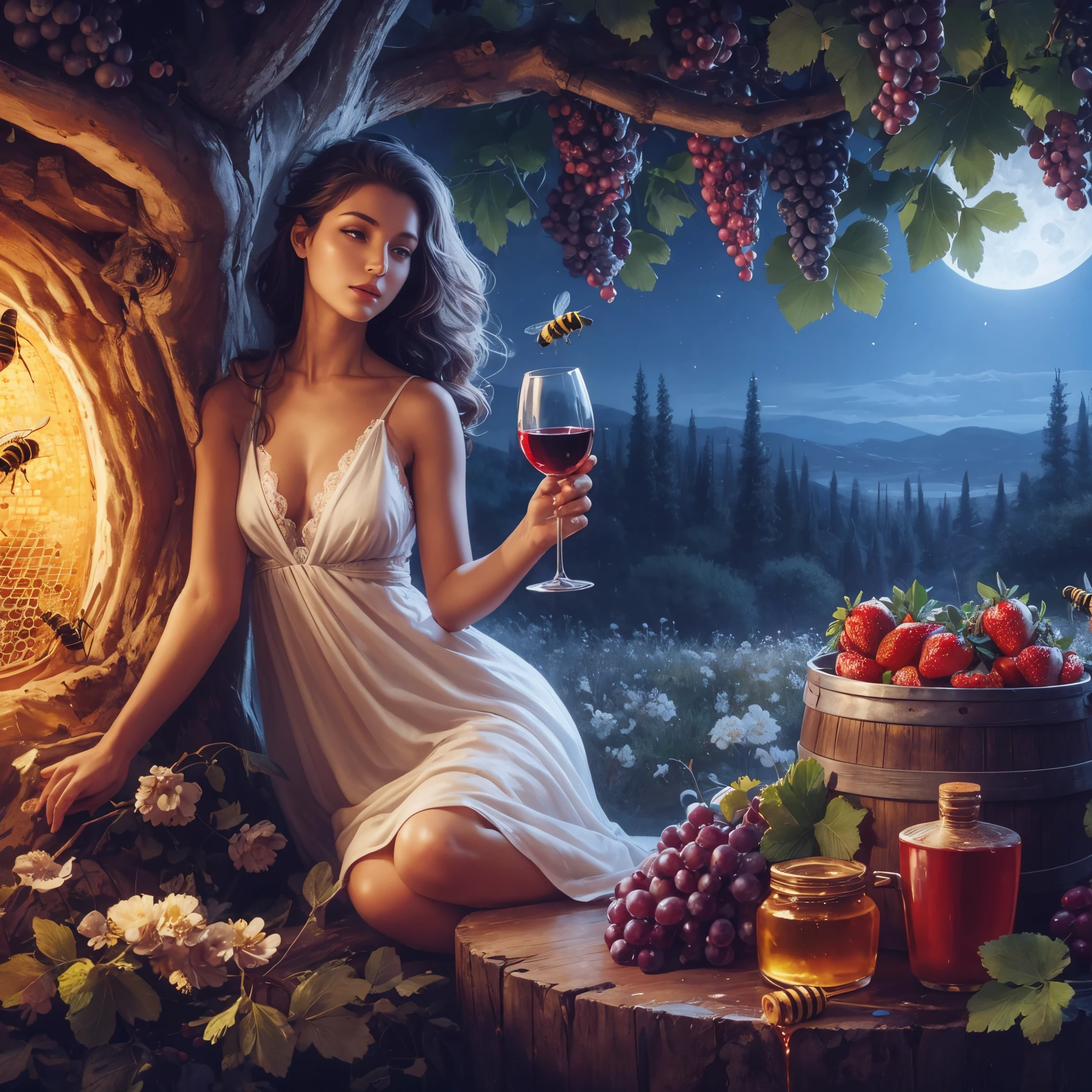 A beautiful woman, a white dress, a dirty middle, red wine, a glass of wine under the tree, in the tree, a beehive with honey flowing from it, in the middle of the pot, grapes, a bee on top of it, strawberries next to it, a beautiful view, night with dim moonlight, the scene pleases the viewers, an artistic painting.