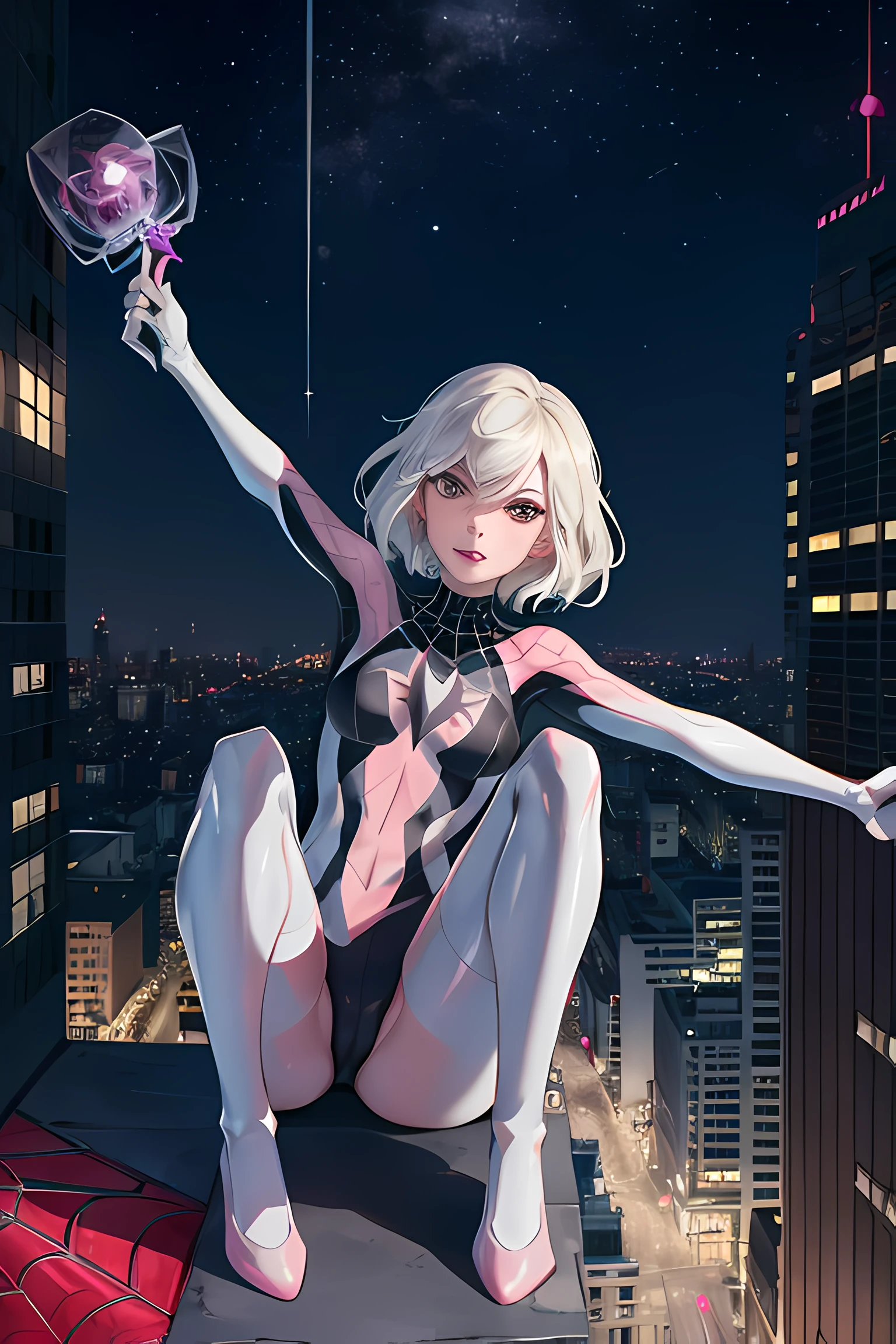 Spidergwen, 1girl, architecture,  night, outdoors, solo, ((masterpiece)), on top of a building, city in the background