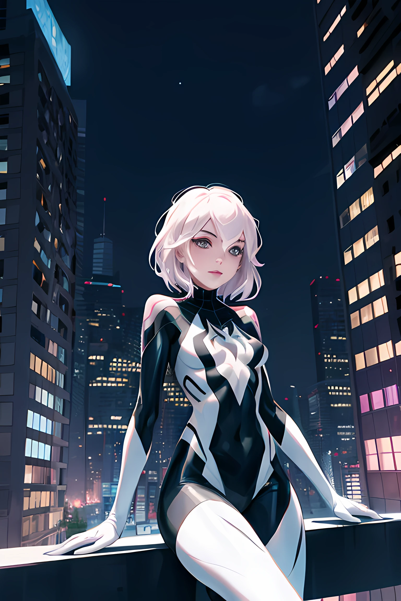 Spidergwen, 1girl, architecture, night, outdoors, solo, ((masterpiece)), on top of a building, city in the background