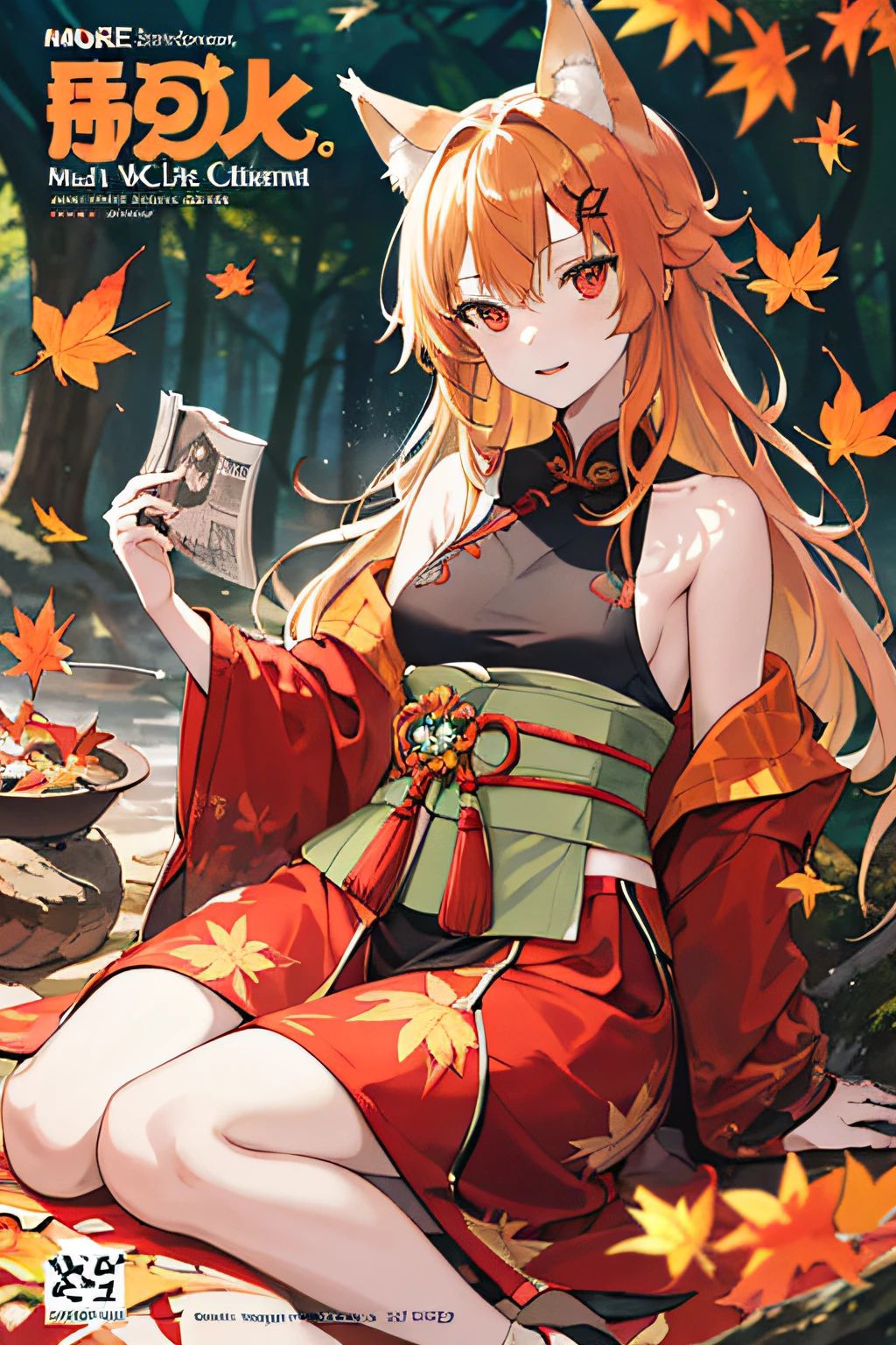 englai Fairyland,Chinese mythology,Colorful auspicious clouds,
autumn, autumn_leaves, falling_leaves, holding_leaf, leaf, leaf_background, leaf_hair_ornament, maple_leaf, aki_shizuha, leaf_print, starfish, anger_vein, ginkgo_leaf, leaf_on_head, spoken_anger_vein, tree, waterfall, sweet_potato, dragonfly, acorn, solo, braid, blurry_foreground, 1girl, day, painting, depth_of_field, blurry, long_hair, branch, hair_ornament, leaves_in_wind, forest, outdoors, nature, campfire, shirt, looking_at_viewer, onsen, koi, sitting, masterpiece, best quality, (best quality), ((masterpiece)), (highres), original, extremely detailed 8K wallpaper, (an extremely delicate and beautiful),((detailed face)),beautiful detail eyes,hair fluttering in the wind,messy hair,lens flare,
1girl,full body,(golden eye),(red eye),(wolf ear),(yellow hair),(wolf tail),(wolf ears),(a cute young girl:1.1),(wolf ear),beautiful detailed eyes,orange hair, very long hair,small breasts,(looking at viewer),
(magazine:1.3), (cover-style:1.3), fashionable, woman, vibrant, outfit, posing, front, colorful, dynamic, background, elements, confident, expression, holding, statement, accessory, majestic, coiled, around, touch, scene, text, cover, bold, attention-grabbing, title, stylish, font, catchy, headline, larger, striking, modern, trendy, focus, fashion,