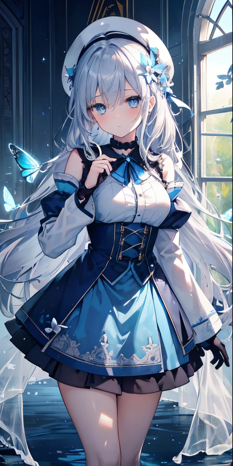 (Overhead view), Dynamic Angle, Ultra-detailed, Illustration, close-up, Direct, 1 girl, (Fantasy: 1.4), (Blue eyes: 1.233), Her eyes shone like dreamy stars, (Bright eyes: 1.233), (Beautiful, Detailed eyes:1.1),(Silver hair:1.14),(hair messy,Very long hair,french braids,hair between eye,side locks),(+(bule hair flower:1.14)),(Dress Chiffon, Floral pattern of teapot on uniform)/=(Military uniform: 1.24),(Detached sleeves,Wide sleeves),(Fingerless gloves),Choker,(Priestess thighs),High Heel Boots,(deadpan,Mouth closed),(Standing), (classical Princess boudoir with dressing tableand french windowin a white ancient palaces), (white blossoms, florals), (abysmal sea), (flowingwater), (Dull Blue Trees in the World々々々: 1, 14), (Ruins), (Night: 1,2),souls,Dreamy,(fluorescent),(flying translucent blue butterflies:1.15), [[Delicate fingers and hands:0.55]::0.85],(Detailed fingers) ,(yubao:0.5),