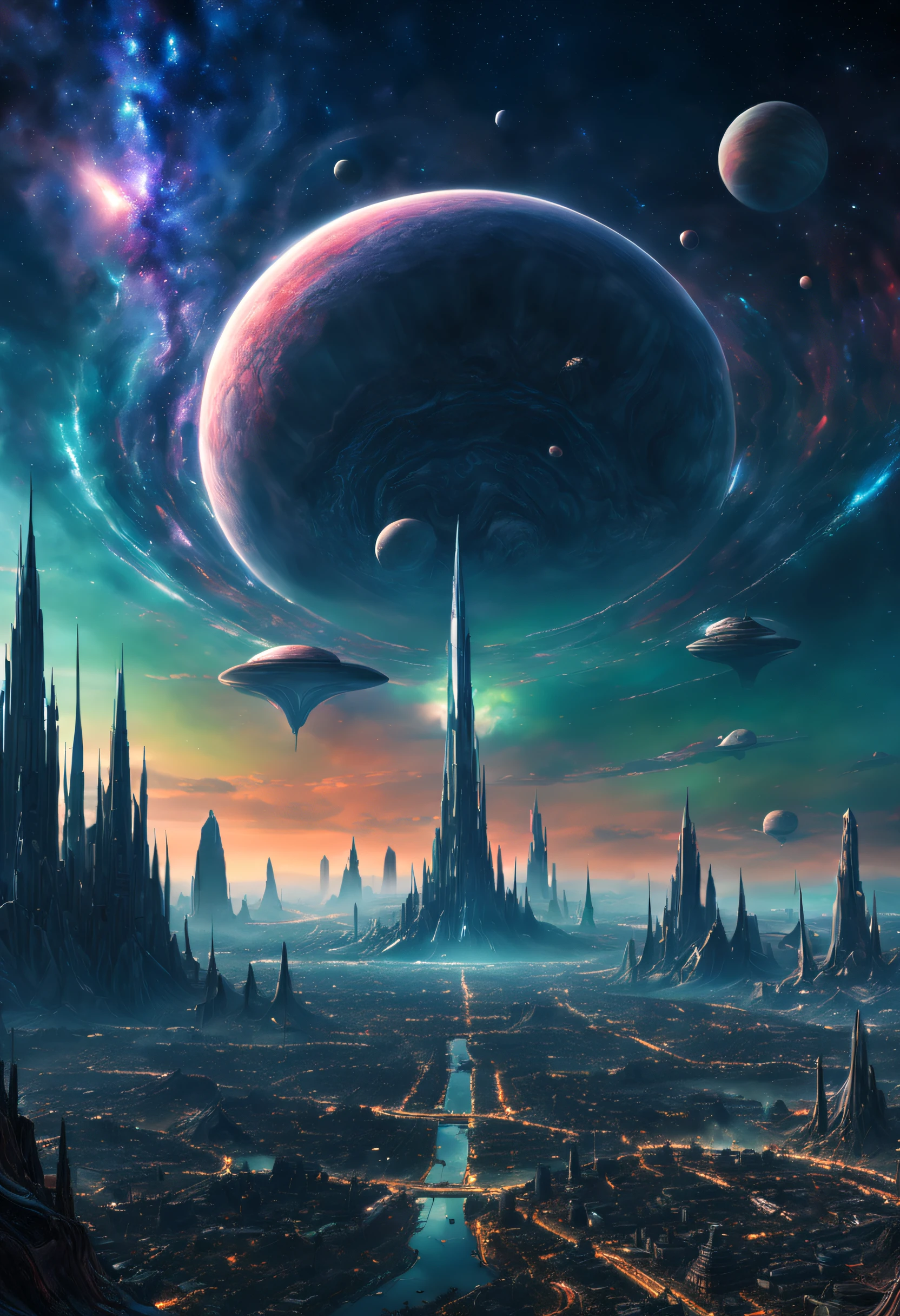 A giantic geaspatial alien city . Lot of detailled and dreaming colored. The Galaxy is visible beautiful and detailed