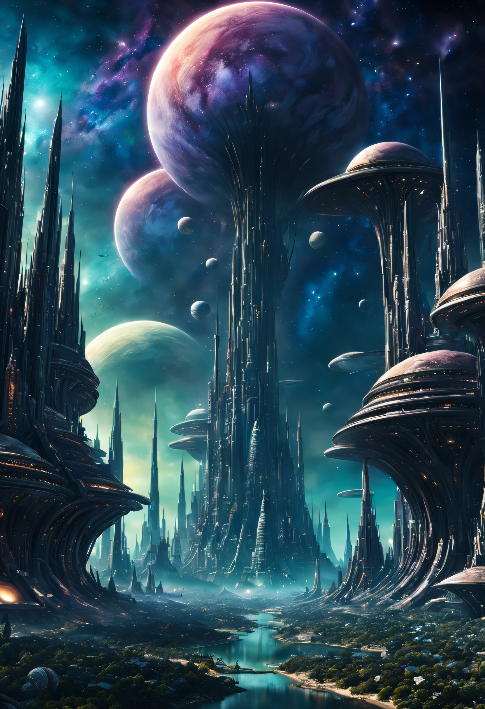 A giantic geaspatial alien city . Lot of detailled and dreaming colored. The Galaxy is visible beautiful and detailed