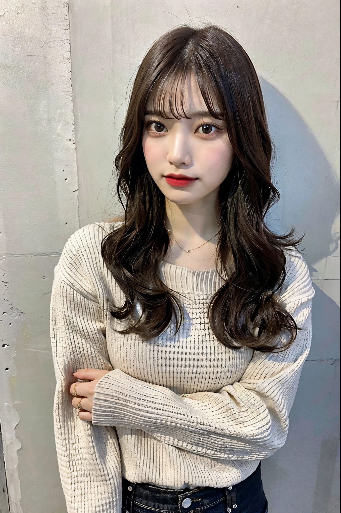 of the highest quality, 1 beautiful woman, age 28, S, 35mm lens, F/1, Cowboy Shot, Concrete background、Tile background、black waffle knit、Light brown、tile wall,From below、Wavy Hair、Medium Hair