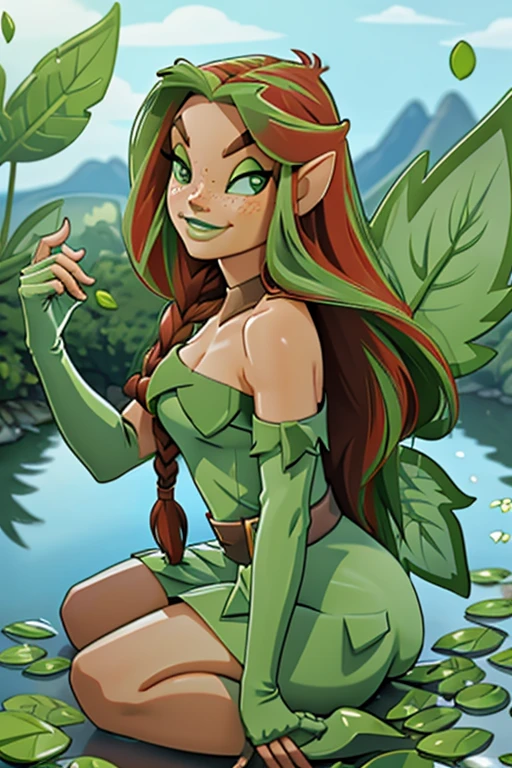 8k, high res, best quality, Illusen, 1girl, solo, looking at viewer, smile, gloves, dress, bare shoulders, sitting, braid, wings, pointy ears, elbow gloves, fingerless gloves, strapless, makeup, leaf, yokozuwari, green gloves, river, water ripple around, reeds, clear and clean water,