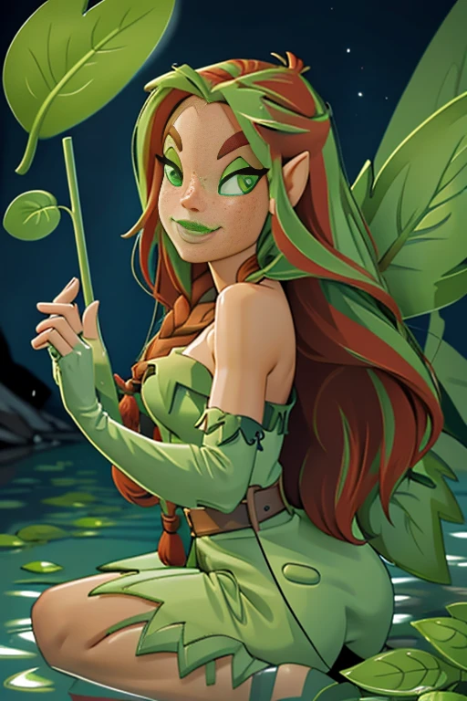 8k, high res, best quality, Illusen, 1girl, solo, looking at viewer, smile, gloves, dress, bare shoulders, sitting, braid, wings, pointy ears, elbow gloves, fingerless gloves, strapless, makeup, leaf, yokozuwari, green gloves, river, water ripple around, reeds, clear and clean water,