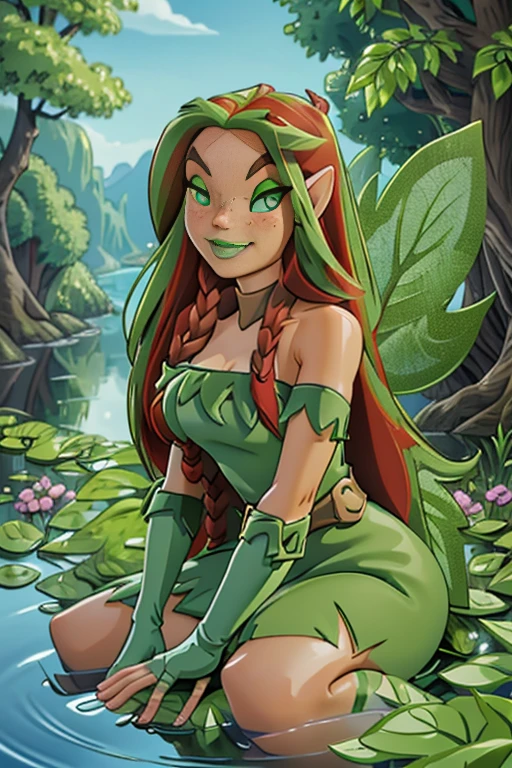 8k, high res, best quality, Illusen, 1girl, solo, looking at viewer, smile, gloves, dress, bare shoulders, sitting, braid, wings, pointy ears, elbow gloves, fingerless gloves, strapless, makeup, leaf, yokozuwari, green gloves, river, water ripple around, reeds, clear and clean water,