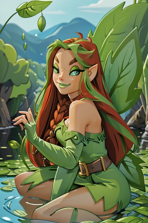 8k, high res, best quality, Illusen, 1girl, solo, looking at viewer, smile, gloves, dress, bare shoulders, sitting, braid, wings, pointy ears, elbow gloves, fingerless gloves, strapless, makeup, leaf, yokozuwari, green gloves, river, water ripple around, reeds, clear and clean water,