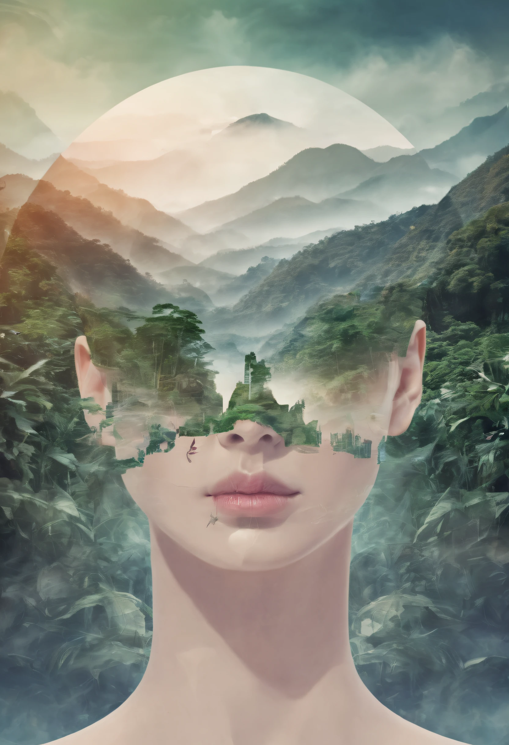 Dubrec style，closeup of face，Jungle mountains image foreground，（multiple exposure：1.8），Complex illustrations in surrealist art style，Surreal dreams