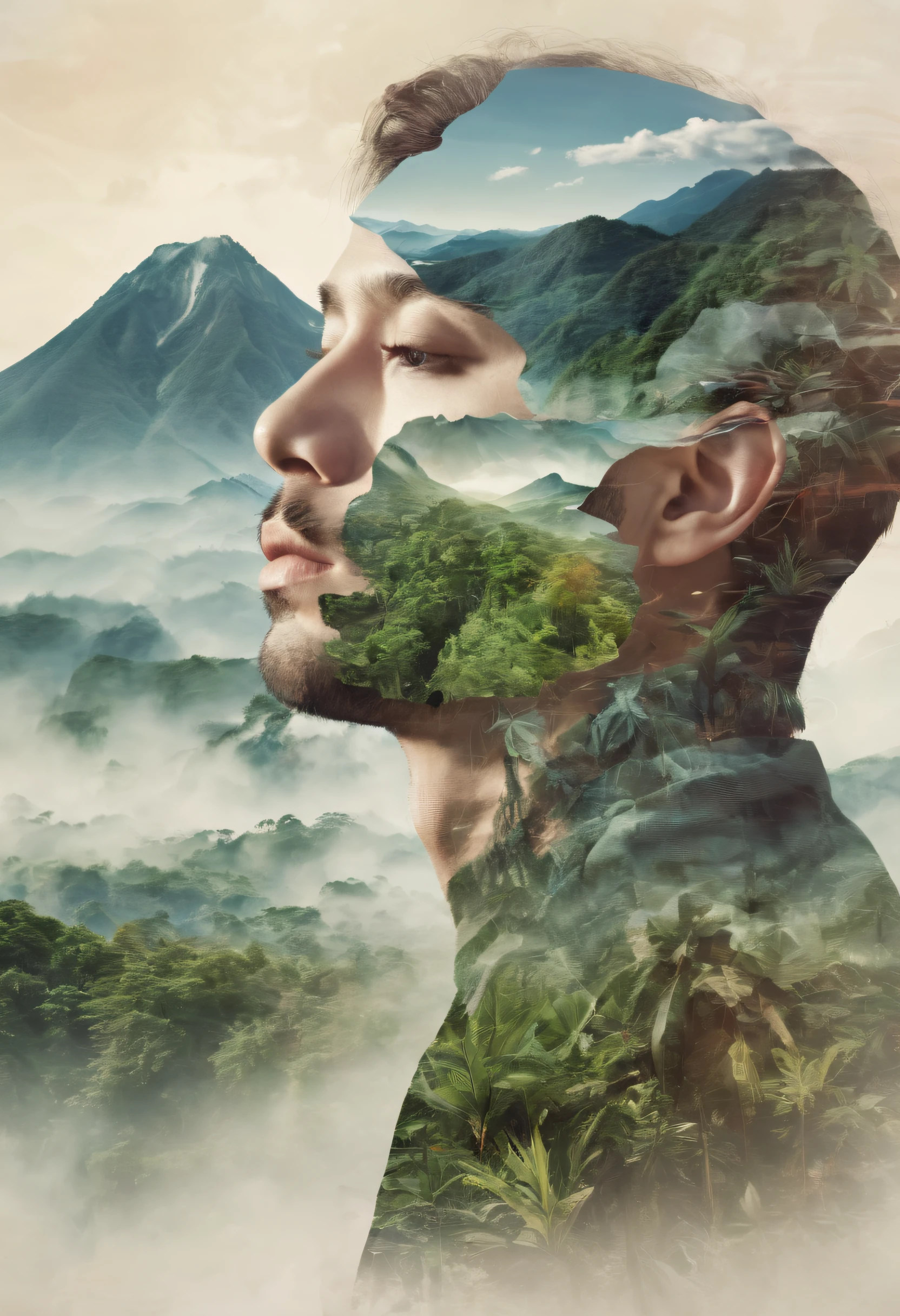Dubrec style,closeup of face,Jungle mountains image foreground,(multiple exposure:1.8),Complex illustrations in surrealist art style,Surreal dreams