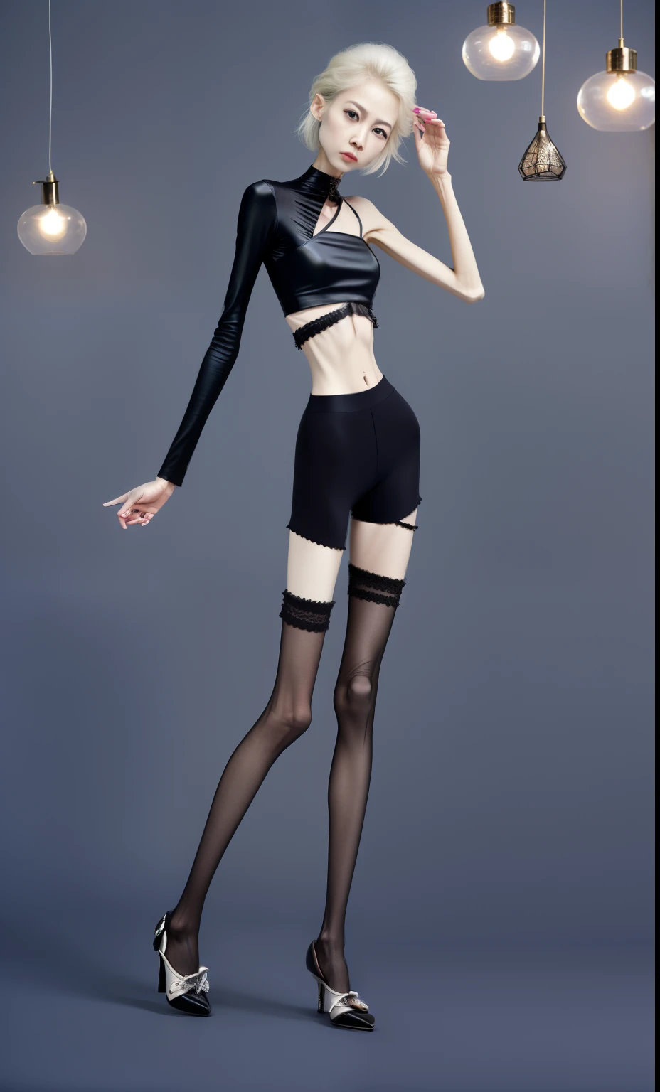 very thin woman，A thin body，Protruding sternum，The waist is very thin，The ribs are noticeable，Protruding ribs，The pelvic protrusion is very obvious，The pelvis is markedly elevated，Legs are just skin and bones，White skin of the，thin shoulde，The waist is very thin，Sunken abdomen，Delicate arms，arm muscle atrophy，hunger，The lower abdomen is depressed，Short hair details，Wear tight leather pants，Dressed in black silk，Wear high heels and slippers，Asia face，The waist is particularly thin，angry look，weeping，Excessive weight loss，The face is sunken and thin，Severe malnutrition，hunger