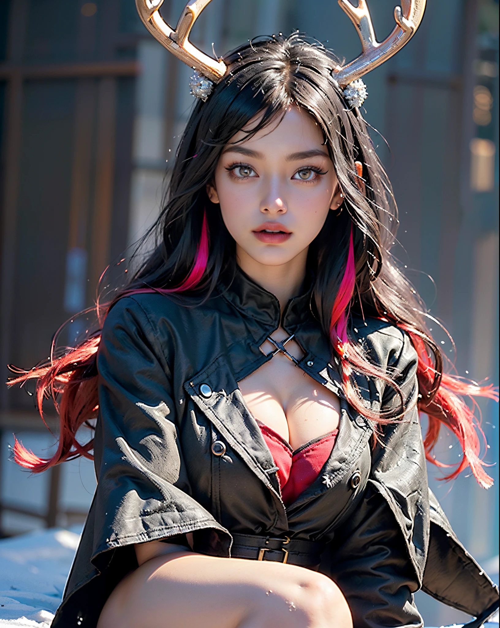 gothic reindeer girl,(((1girl))),((extremely cute and beautiful black hair with red streaks anime gothic reindeer girl)),
(((anthro furry:1.2), Playboy_Reindeer, reindeer_antlers,(huge antlers:1.2),)),(large breasts:1.4),saggy breasts,((((black hair with red streaks:1.35,large hair,colored inner hair,ear breathing)))),((red eyes,upturned eyes:1.3,beautiful detailed eyes,finely detailed beautiful eyes:1,big highlight on eyes:1.2,slanted eyes)),((fat)),(((lustrous skin:1.5,bright skin: 1.5,skin tanned,shiny skin,very shiny skin,shiny body,plastic glitter skin,exaggerated shiny skin,Reflective skin))),(spider lower abdomen,narrow waist,wide hip,athletic body,inflated legs,delicate detailed fingers,detailed body,detailed arms,human hands,(detailed face)),
cute,slutty,seductive,erotic,(((nsfw))),
zettai ryouiki,revealing clothing,show skin,(((Sexy goth fur coat, goth fur coat outfit, wearing a goth fur coat:1.3,dark red winter coat))),((black mini-skirt,black mini skirt with furry edge,visible thong straps)),(black gothic clothes,semi-naked,with little goth clothing,((((Black Eyeshadow,Thick Black Eyeliner,Long Dramatic Eyelashes,Black Lips,star Accessories,star ornaments)))),(stars on her clothes,detailed outfit,detailed clothes),
(dynamic pose:1.0),solo focus,embarrassed,centered,scale to fit dimensions,Rule of thirds,
twilight,holiday Village Background,winter,snowstorm in background,(pine forest),detailed background:1.25,snow covered,lots of snow, snow,snow forest background,(((Glowing Snowflakes,Glittering Details))),Christmas tree,
(best quality),(high resolution),(sharp focus),(ultra detailed),(extremely detailed),(extremely high quality artwork),8k_wallpaper,(extremely detailed CG 8k),(very fine 8K CG),((hyper super ultra detailed perfect piece)),flawless,(((masterpiece))),illustration,vibrant colors,(intricate),High contrast,Selective lighting,Double exposure,HDR (High Dynamic Range),Post-processing,Background blur,