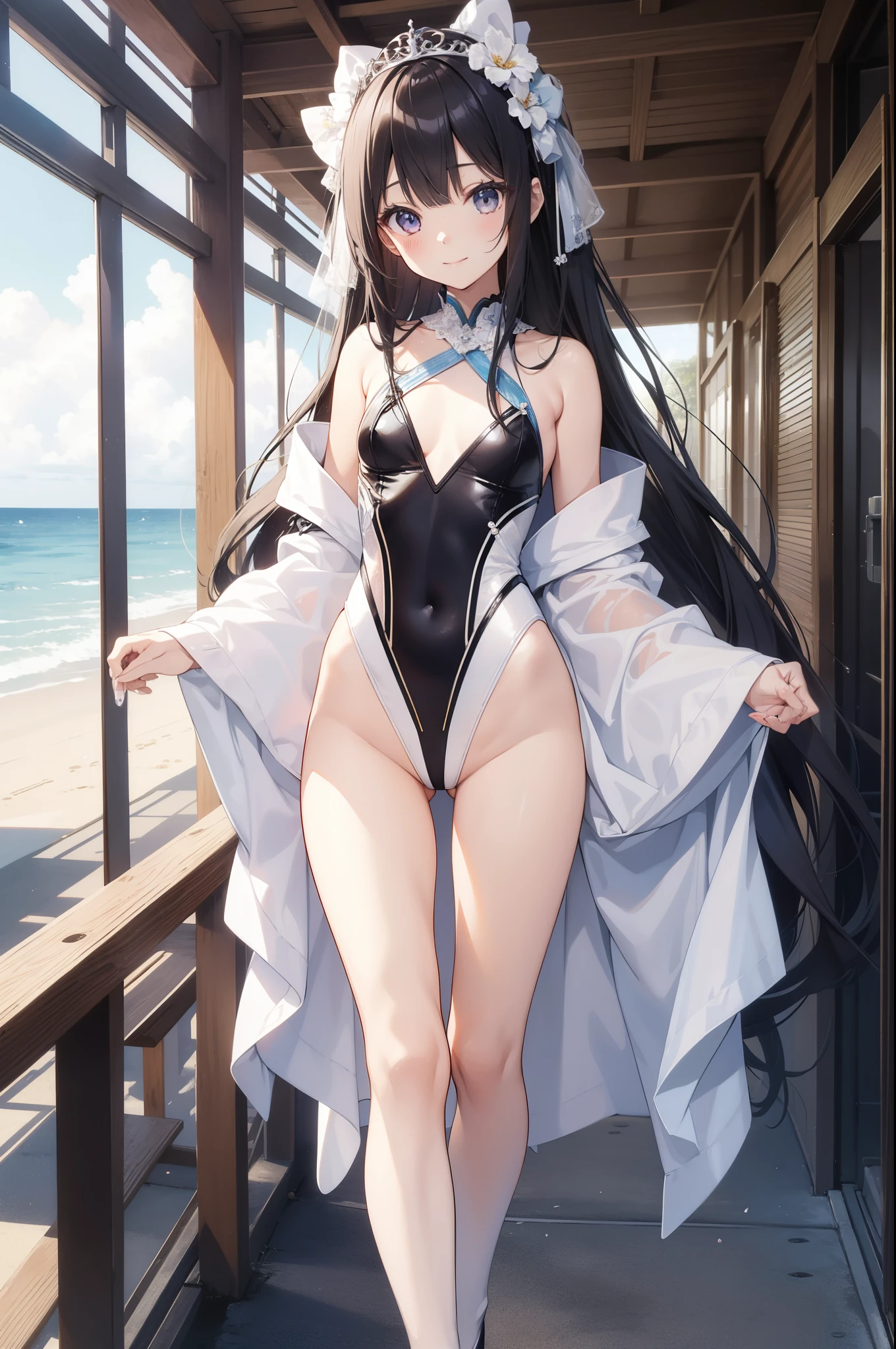 top-quality、extremely delicate and beautiful、Soio、Soio、8-year-old 、japanes、Lori、Chiquita、elementary student、Black hair straight long、((white leotard))、(highleg)、Tiara on the head、A smile、is standing、Facing the front, long elegant legs、(soio)、Embarrassed、hime、Resort Beach、Full body depiction