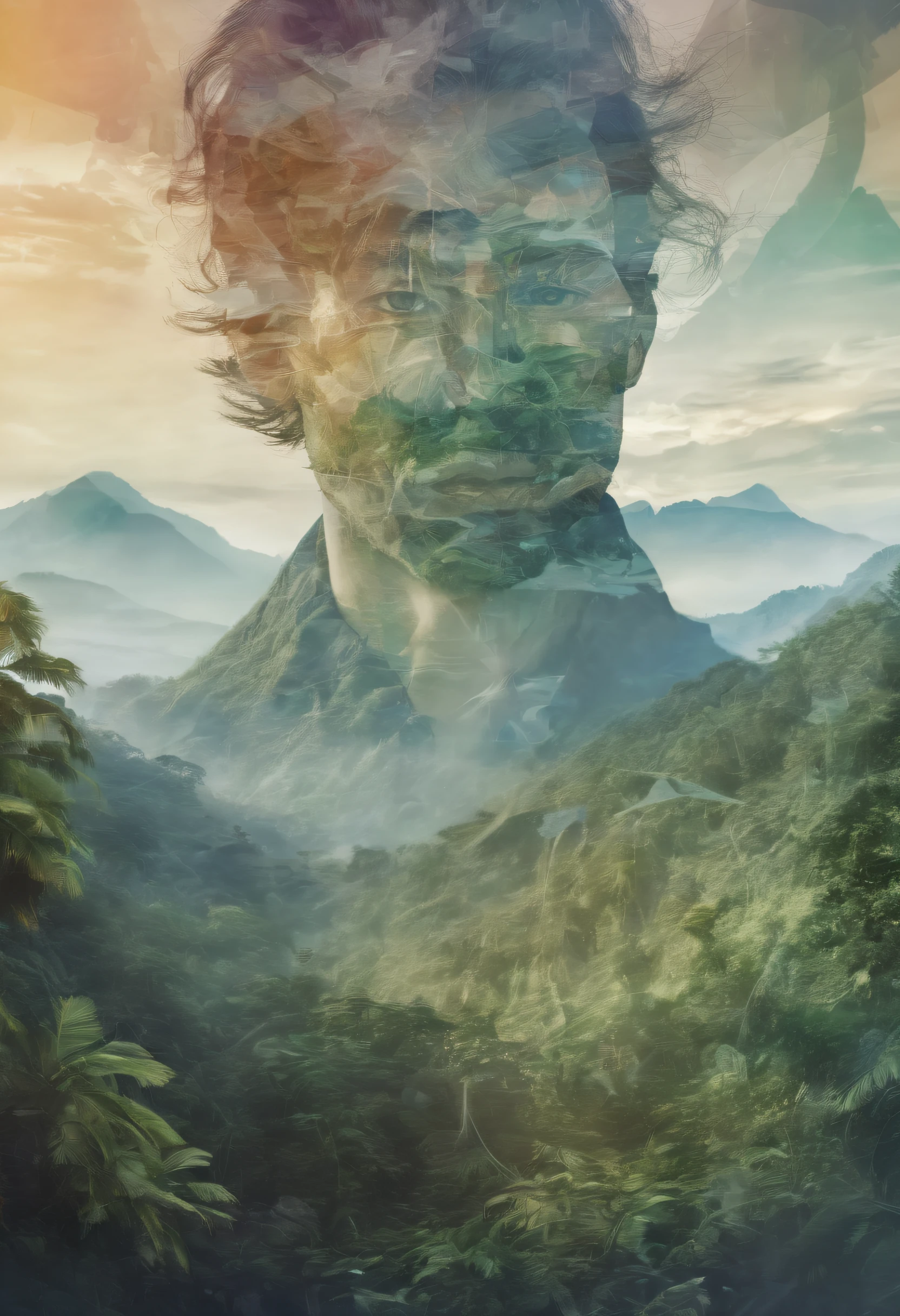 Dubrec style，closeup of face，Jungle mountains image foreground，（multiple exposure：1.8），Complex illustrations in surrealist art style，Surreal dreams