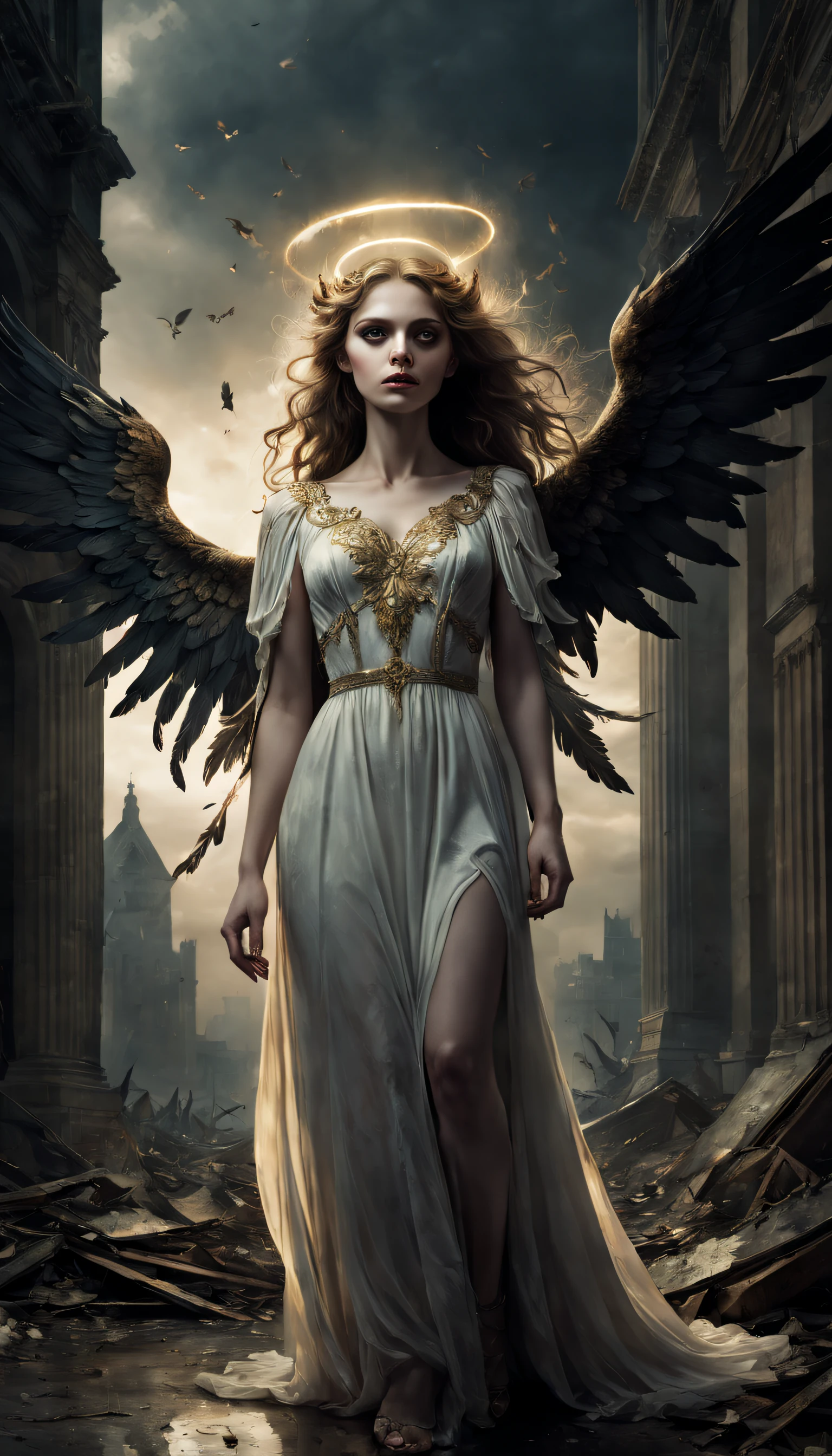 best quality,ultra-detailed,realistic,photorealistic:1.37,fallen angel,beautiful detailed eyes,beautiful detailed lips,dark wings,pale skin,vintage fashion,ethereal atmosphere,religious iconography,golden halo,subtle expressions,hauntingly beautiful,lonely figure,ruined city,contrast between light and darkness,gloomy clouds,soft glowing light,dramatic composition,mysterious aura,vibrant colors,surreal fantasy,expressive brushstrokes,poignant emotions,serene and melancholic,emphasis on textures,divine presence,symbolism of redemption and rebellion,graceful and elegant pose,captivating gaze,sinister undertones,contrast between beauty and decay,intricate details,imposing presence,complex emotions,lost innocence,atmospheric lighting,deep shadows,ominous atmosphere,fallen feathers,shattered wings,forlorn expression,otherworldly beauty