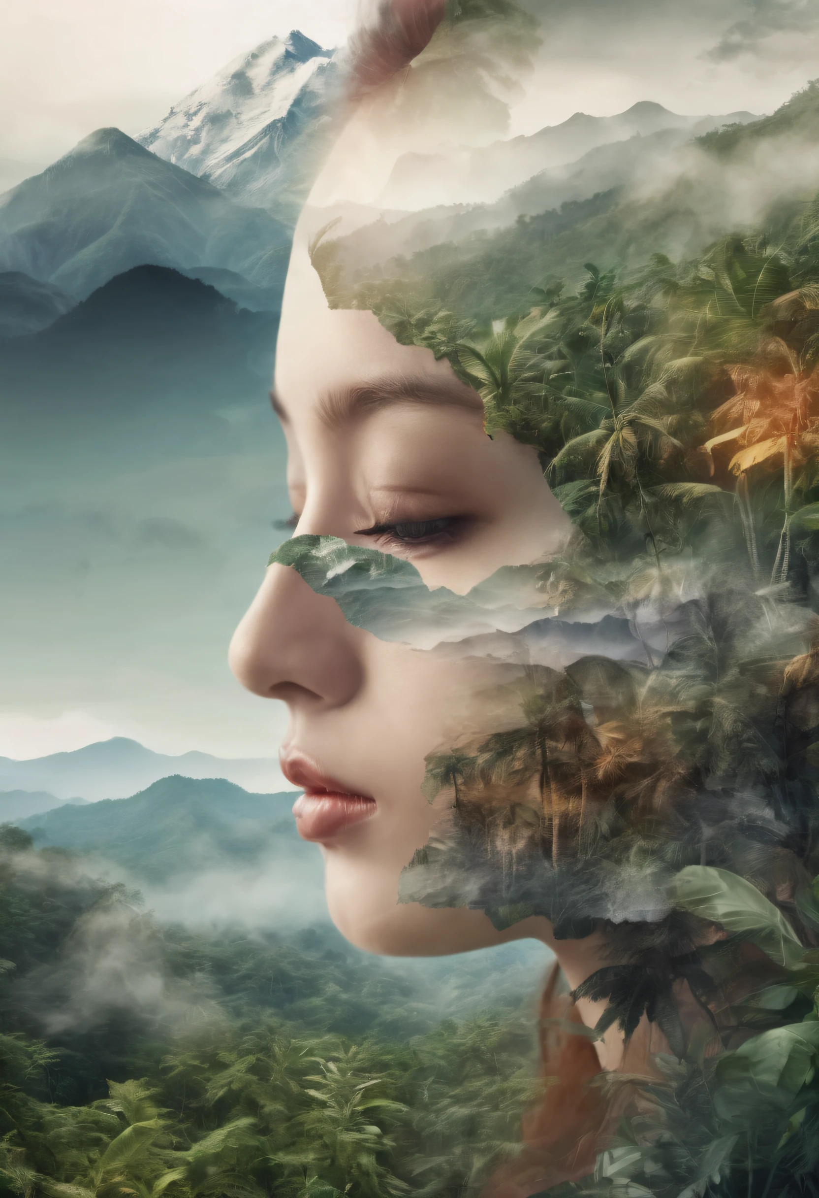 Dubrec style,closeup of face,Jungle mountains image foreground,(multiple exposure:1.8),Complex illustrations in surrealist art style,Surreal dreams