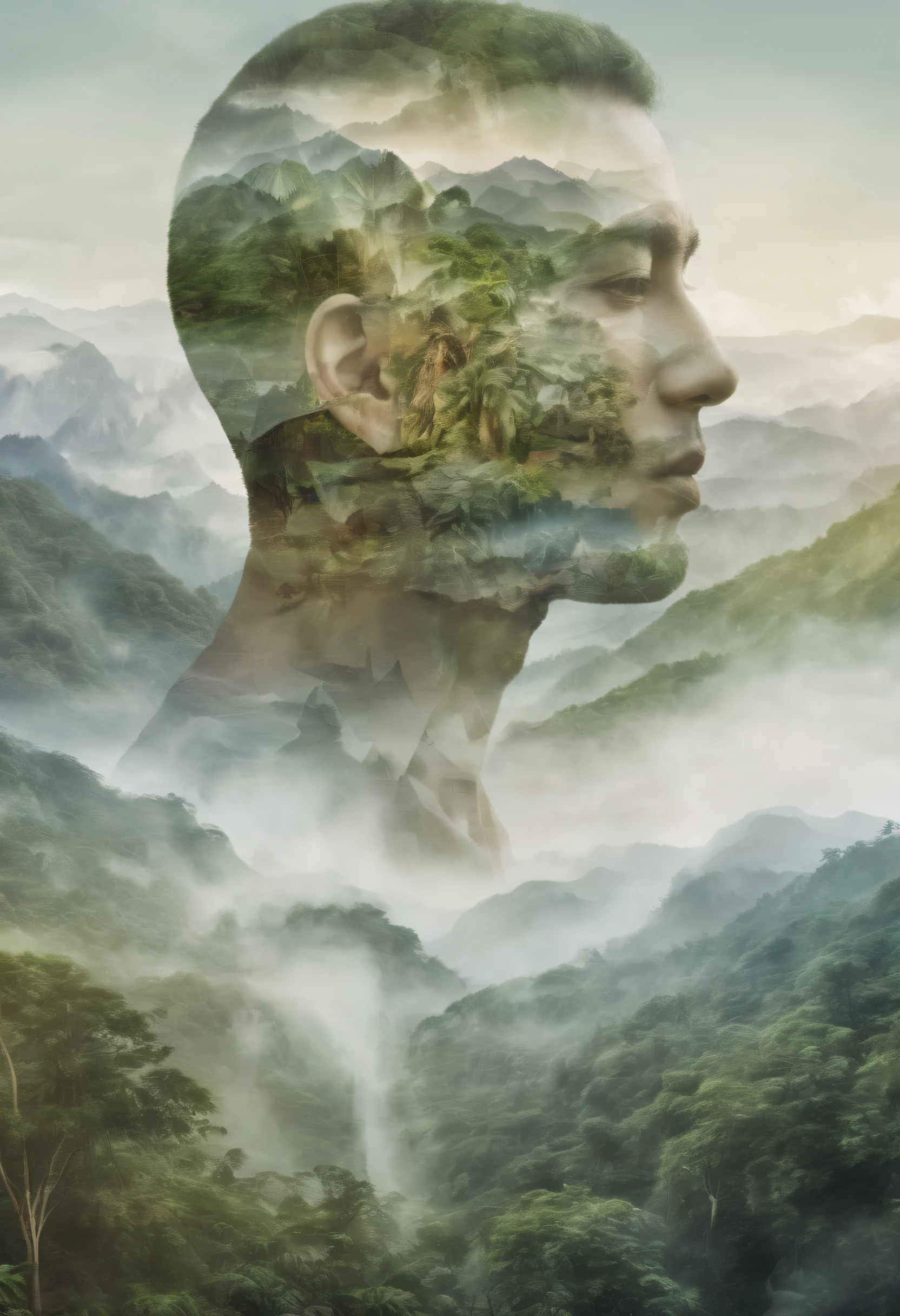 Dubrec style，closeup of face，Jungle mountains image foreground，（multiple exposure：1.8），Complex illustrations in surrealist art style，Surreal dreams