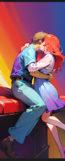 there is a man and woman that are kissing in a room, ((oversaturated)), arm around her neck, jia, her hand is on her waist, hugging her knees, grainy low quality, leaked photo, promo still, ❤🔥🍄🌪, leaked image, very grainy image, photoshoot, beautiful image, uhq scan