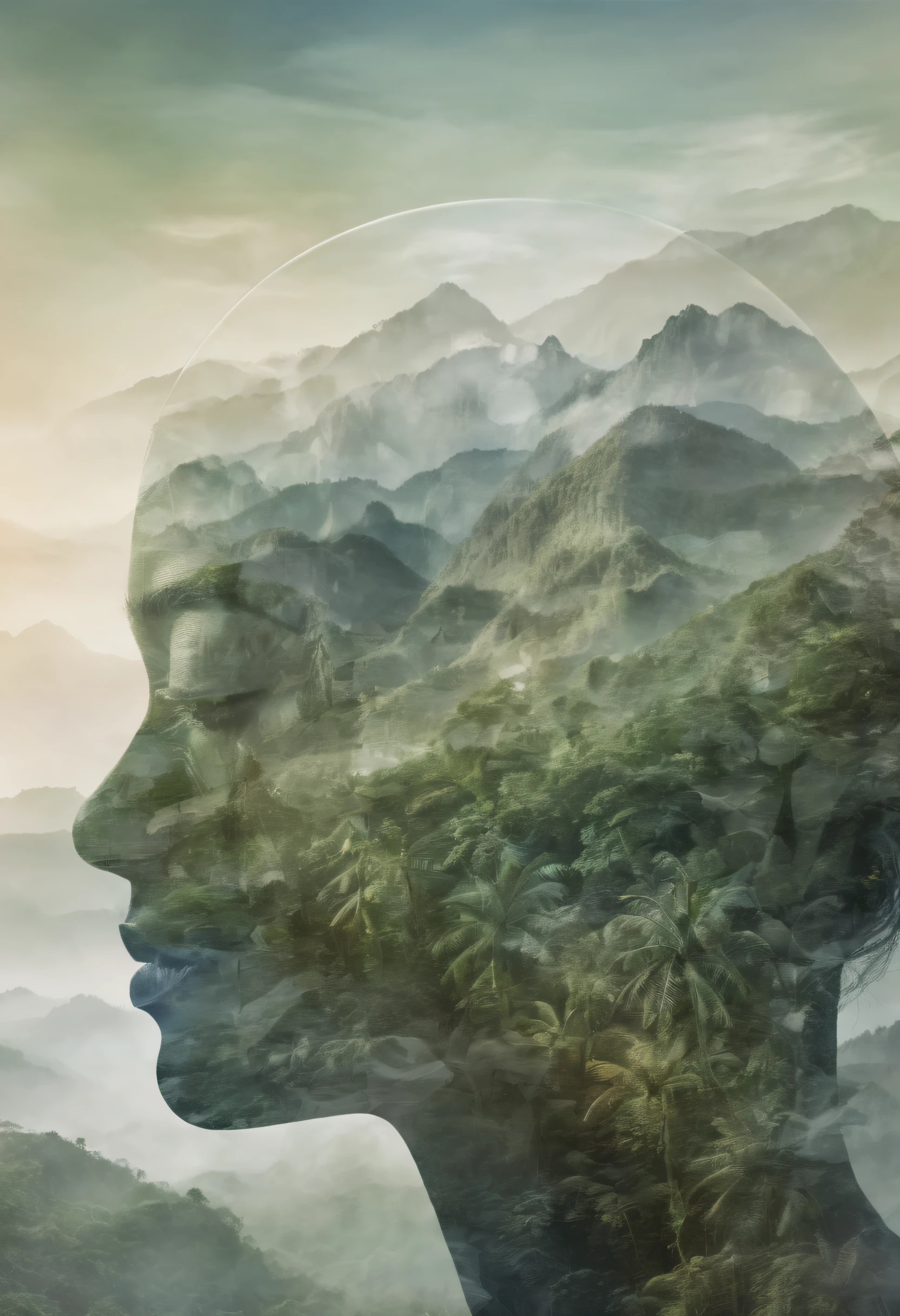 Dubrec style，closeup of face，Jungle mountains image foreground，（multiple exposure：1.8），Complex illustrations in surrealist art style，Surreal dreams