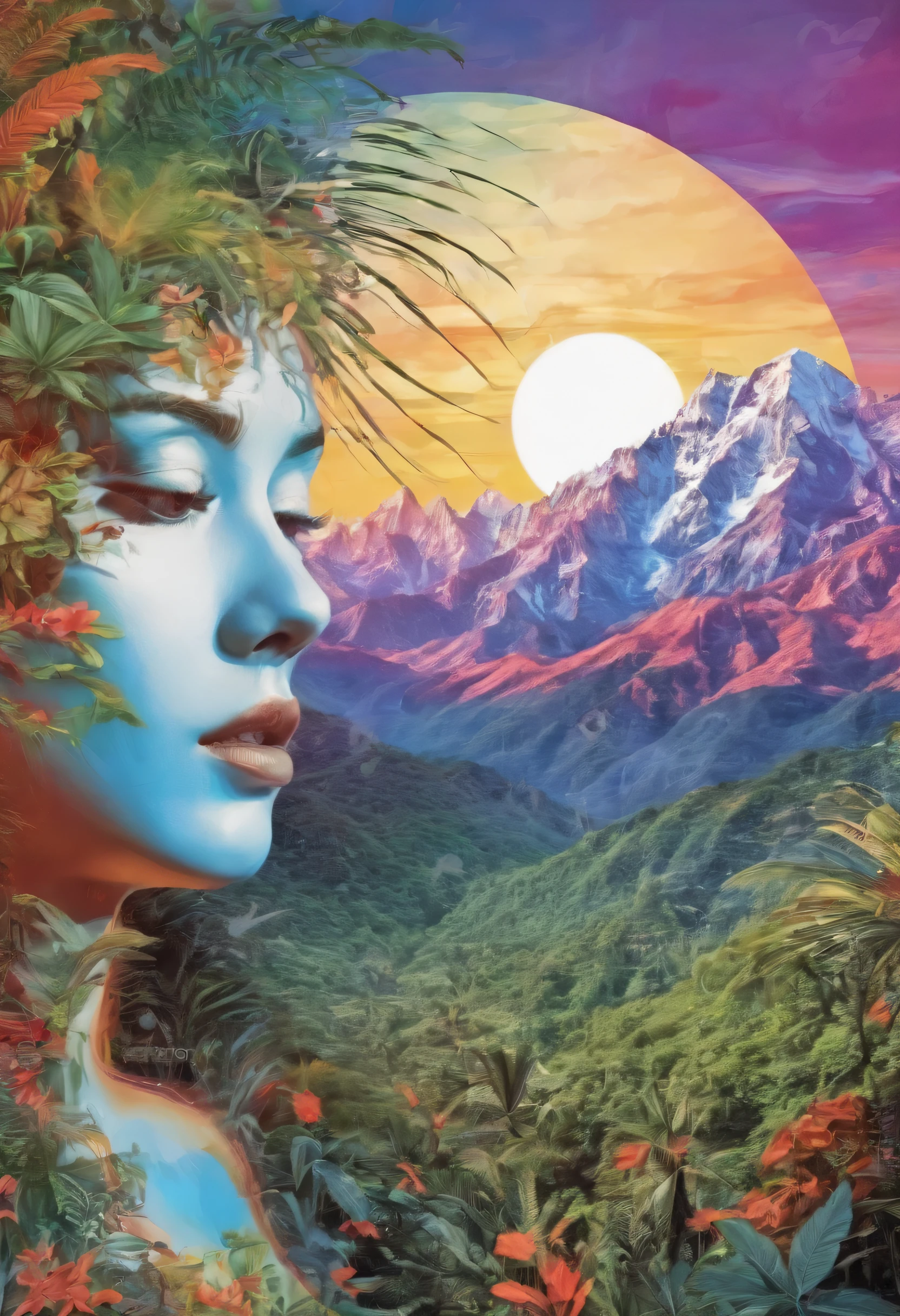 Dubrec style,closeup of face,Jungle mountains image foreground,(multiple exposure:1.8),Complex illustrations in surrealist art style,Surreal dreams