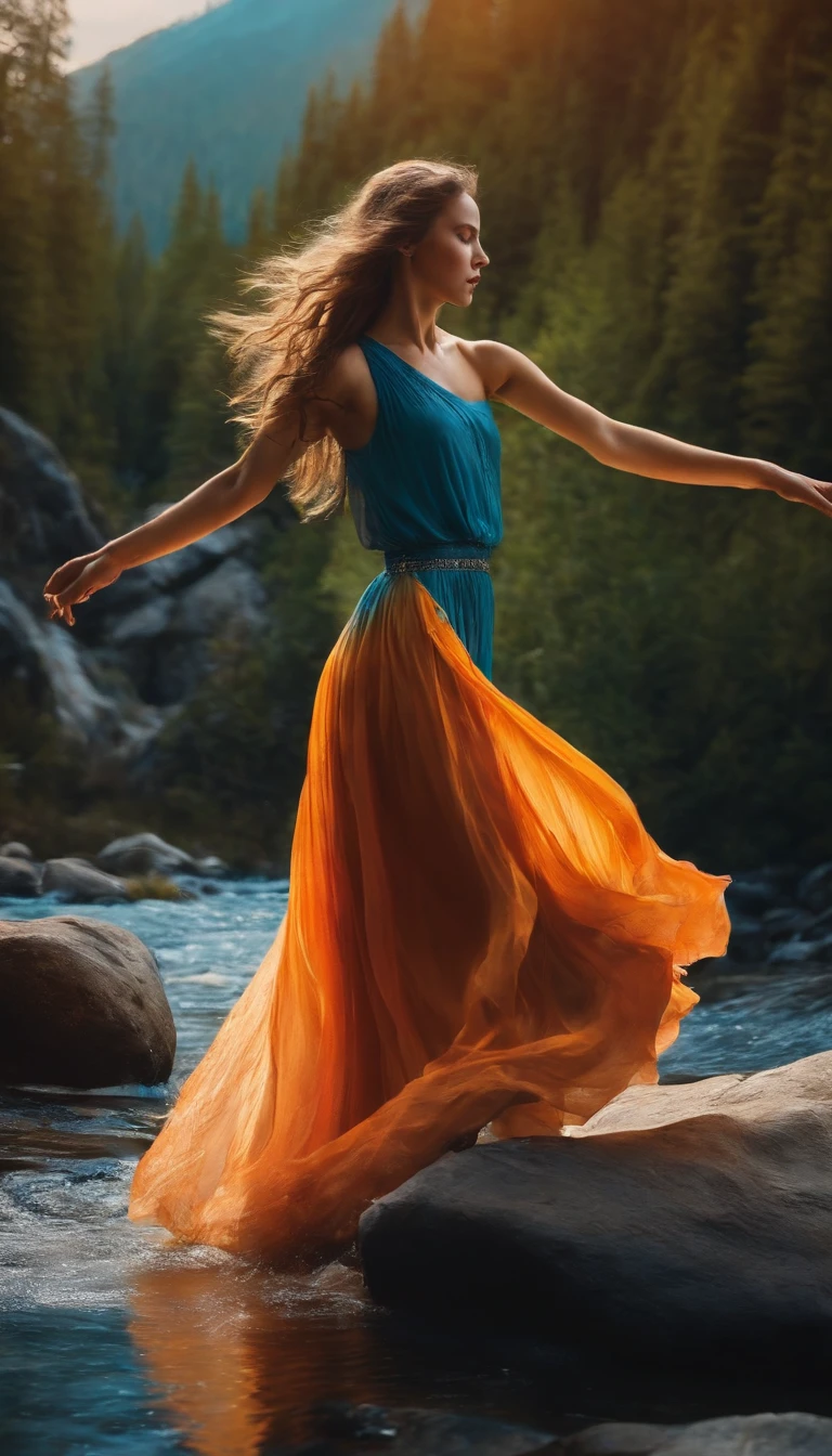 High mountains and flowing water，a young girl dancing