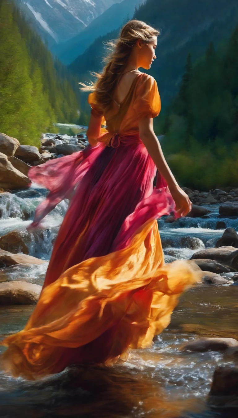 High mountains and flowing water,a young girl dancing