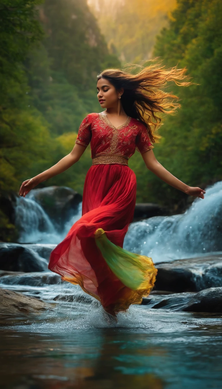 High mountains and flowing water,a young girl dancing