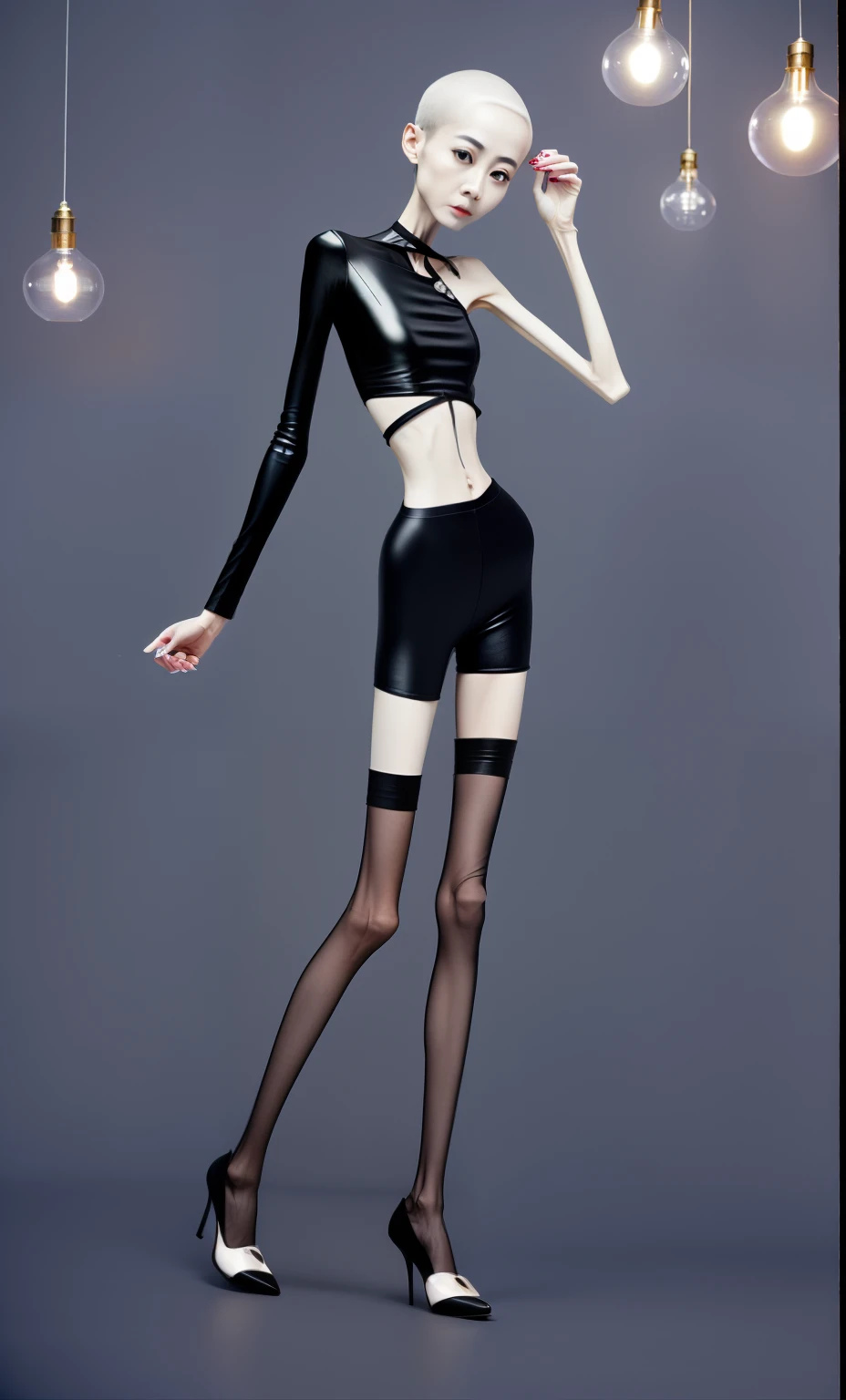 very thin woman,A thin body,Protruding sternum,The waist is very thin,The ribs are noticeable,Protruding ribs,The pelvic protrusion is very obvious,The pelvis is markedly elevated,Legs are just skin and bones,White skin of the,thin shoulde,The waist is very thin,Sunken abdomen,Delicate arms,arm muscle atrophy,hunger,The lower abdomen is depressed,Short hair details,Wear tight leather pants,Dressed in black silk,wearing high heels,Asia face,The waist is particularly thin,angry look,weeping,Excessive weight loss,The face is sunken and thin,Severe malnutrition,hunger