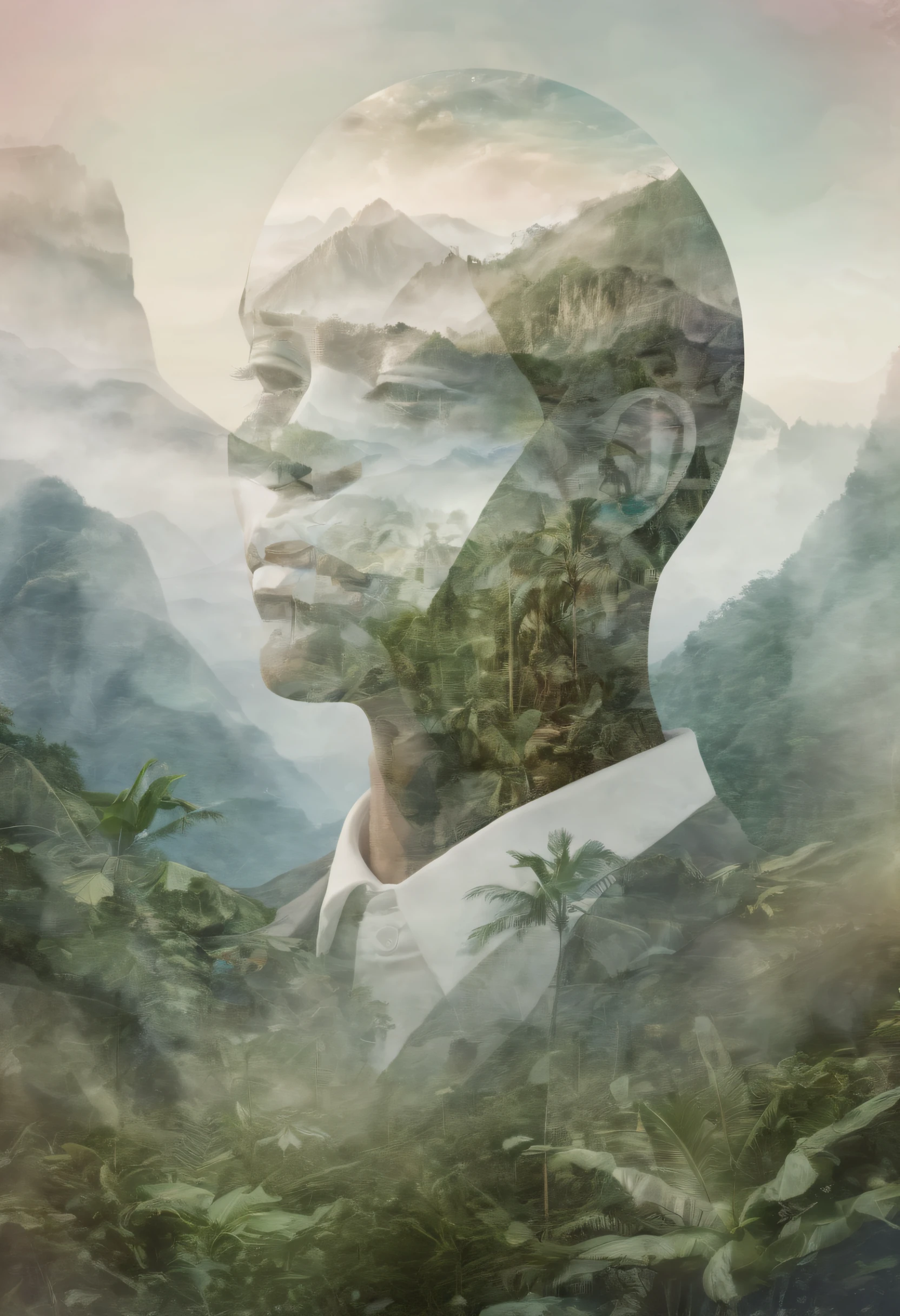 Dubrec style，closeup of face，Jungle mountains image foreground，（multiple exposure：1.8），Complex illustrations in surrealist art style，Surreal dreams